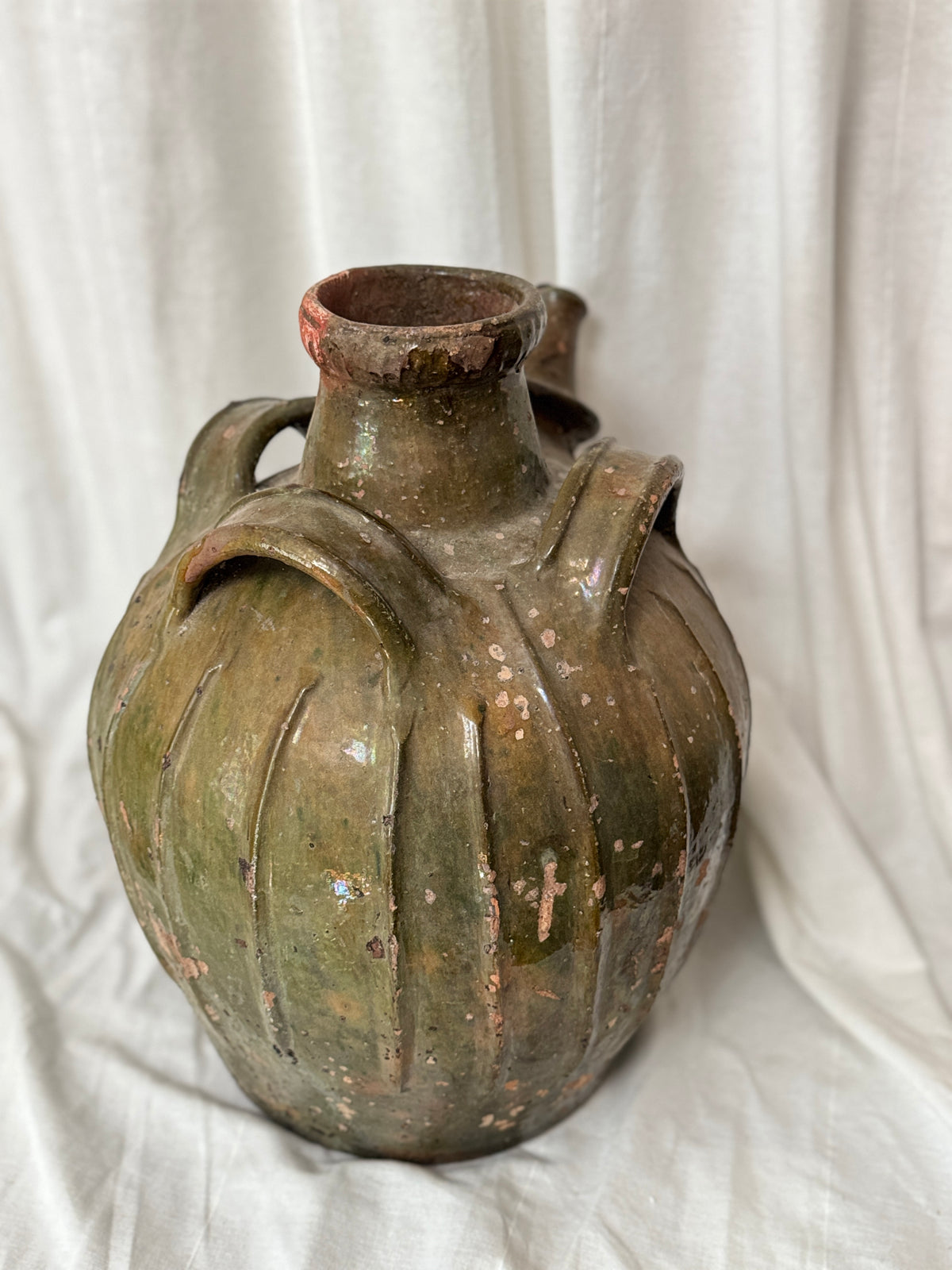 Antique French Walnut Oil Jug, Mélard à Bec, Green Glaze