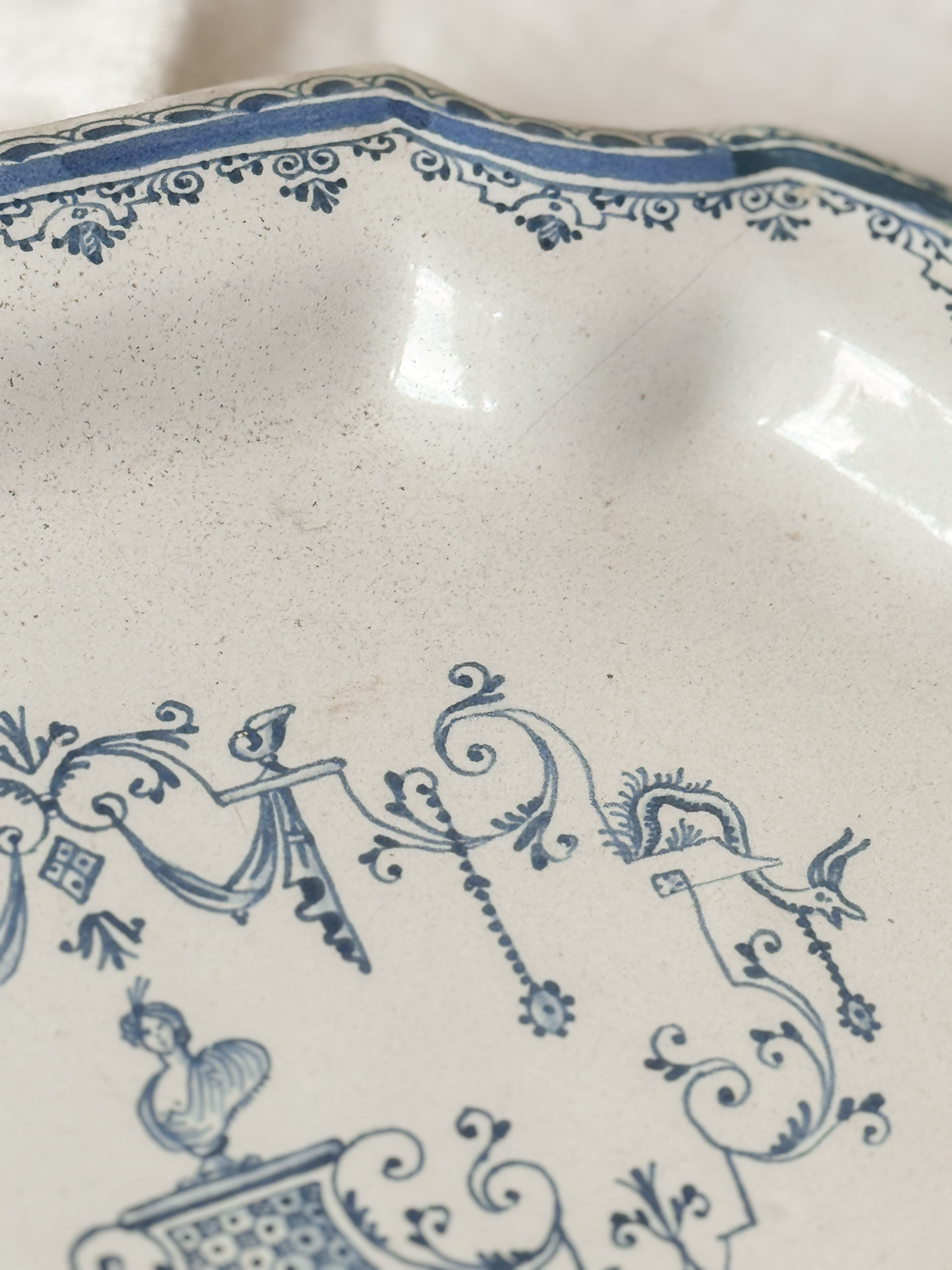 Antique French Faience Shaped Platter, Moustiers Style Bérain Decoration, 19th Century