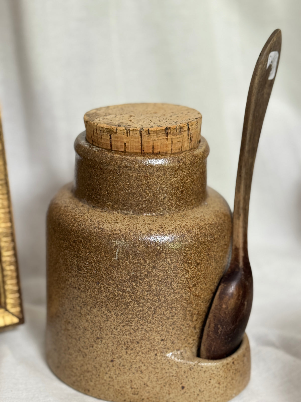 Vintage French Speckled Stoneware Mustard Pot with Integral Utensil Slot and Original Cork