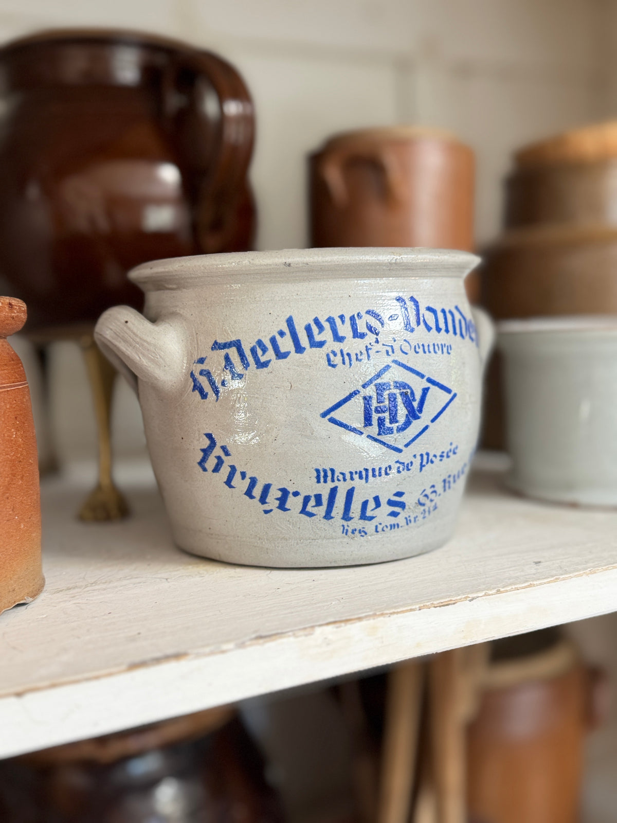 Antique Belgian Stoneware Crock, Brussels Stencil
