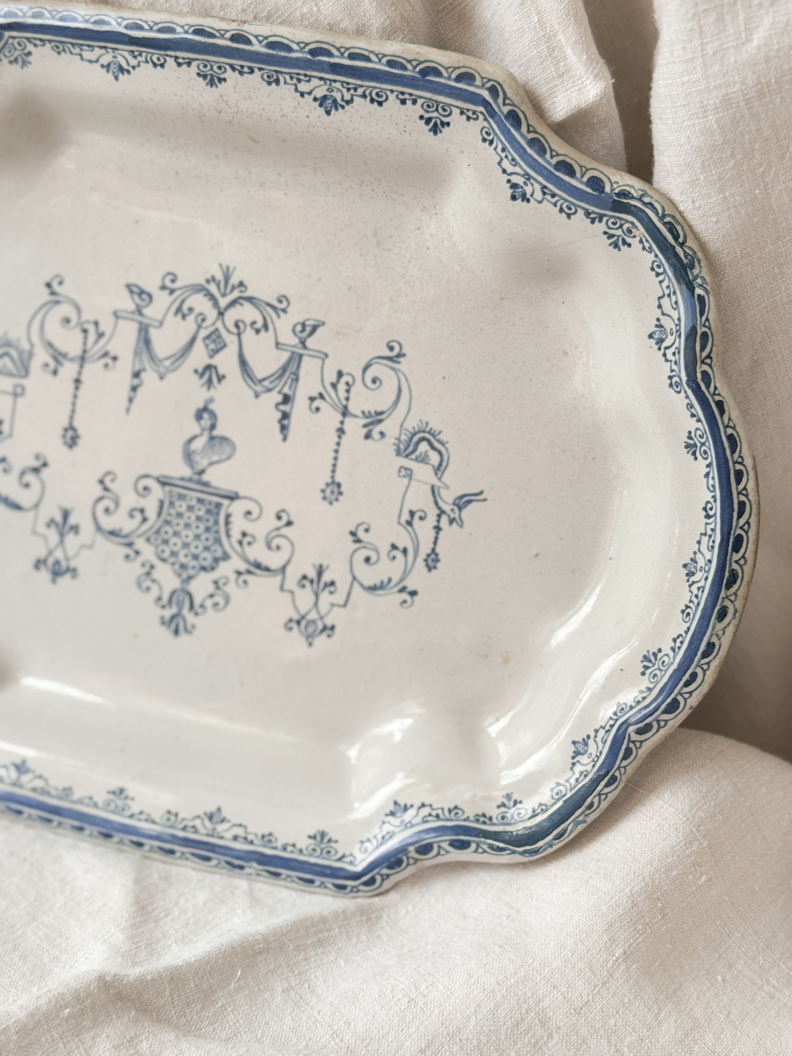 Antique French Faience Shaped Platter, Moustiers Style Bérain Decoration, 19th Century