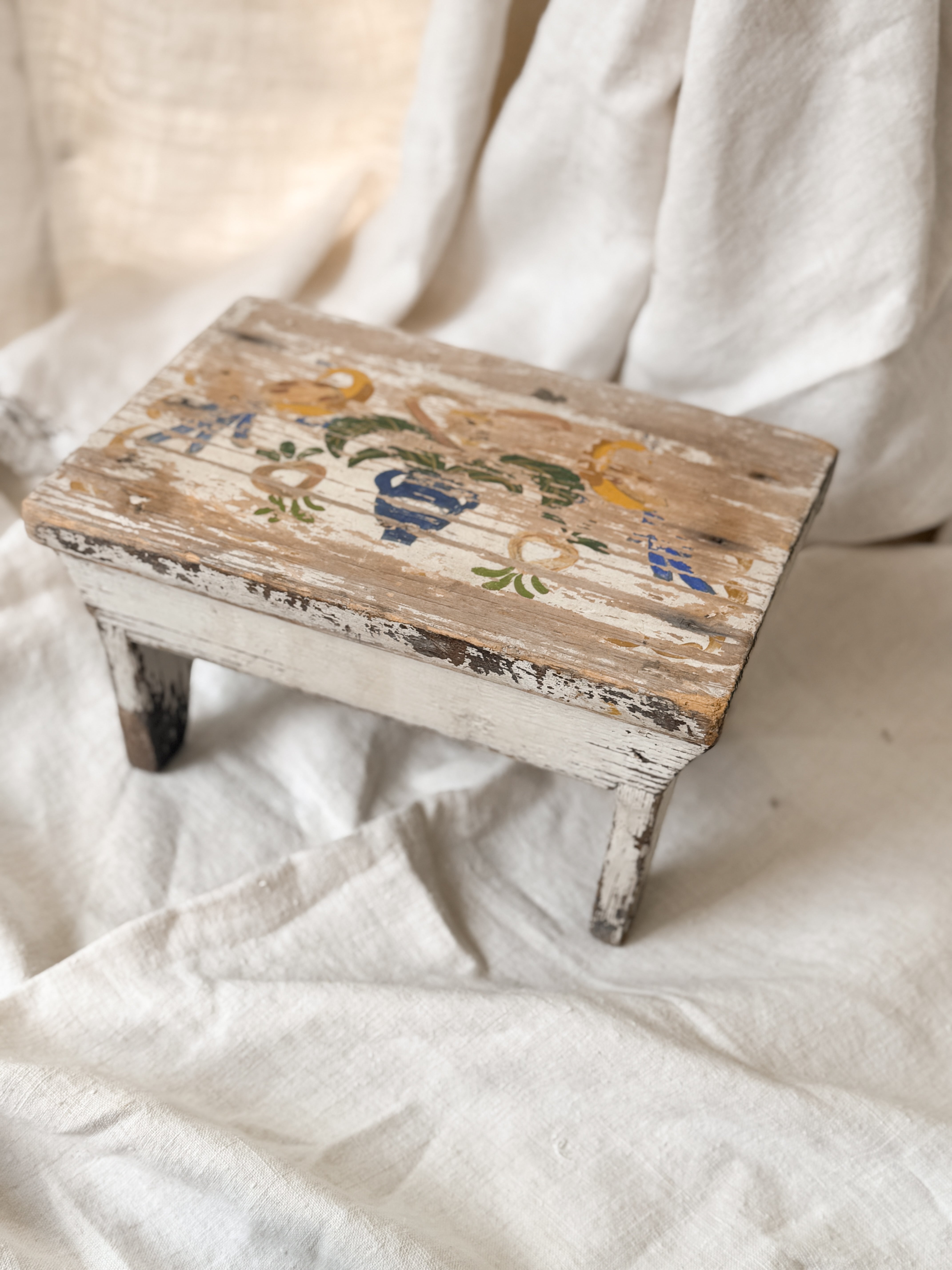 Antique Painted Wood Footstool, Bird and Urn Motif, Worn White Paint