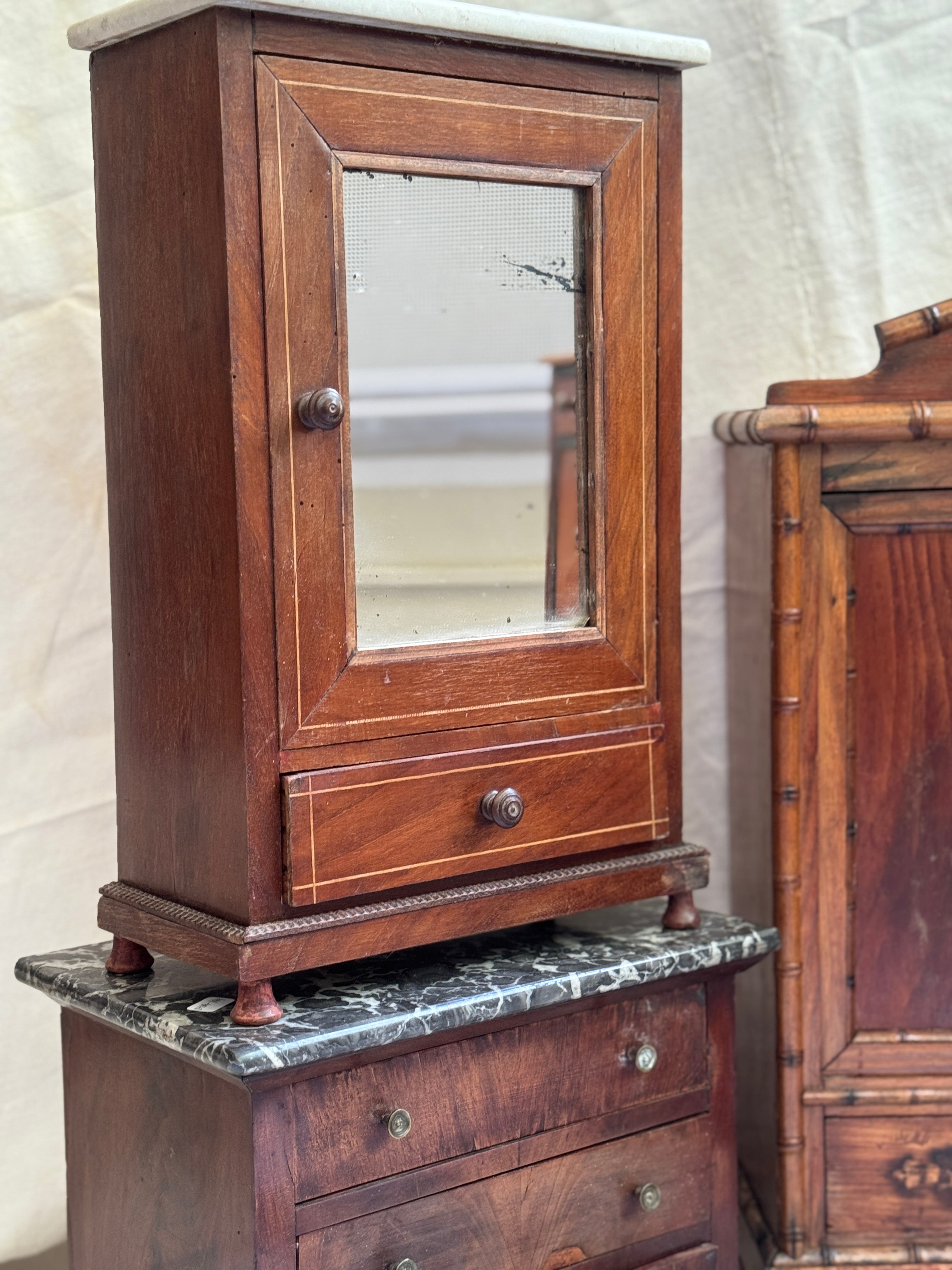 Antique French Miniature Marquetry Wardrobe with Marble Top