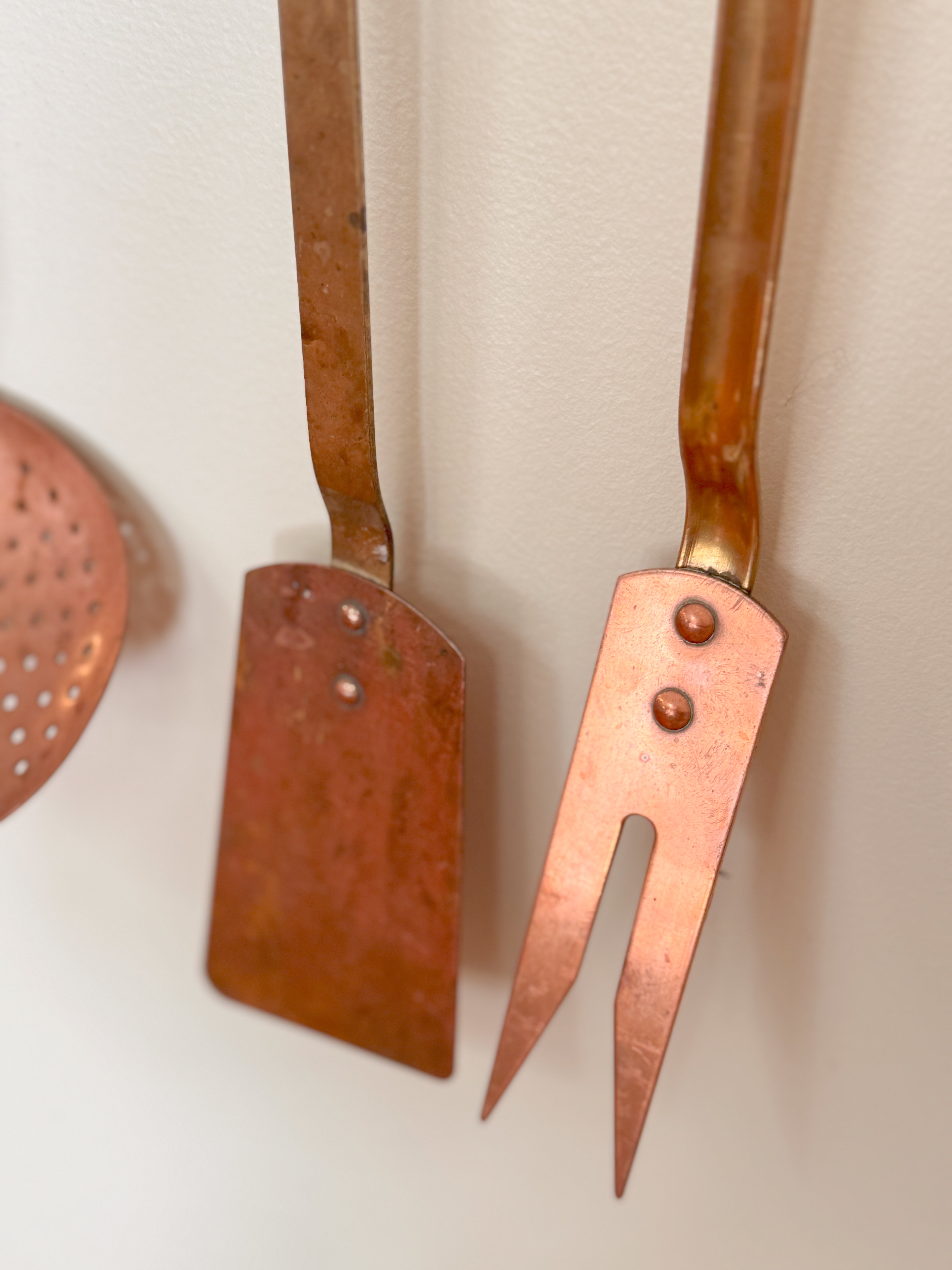 Antique French Brass & Copper Kitchen Utensil Set on Hanging Rack