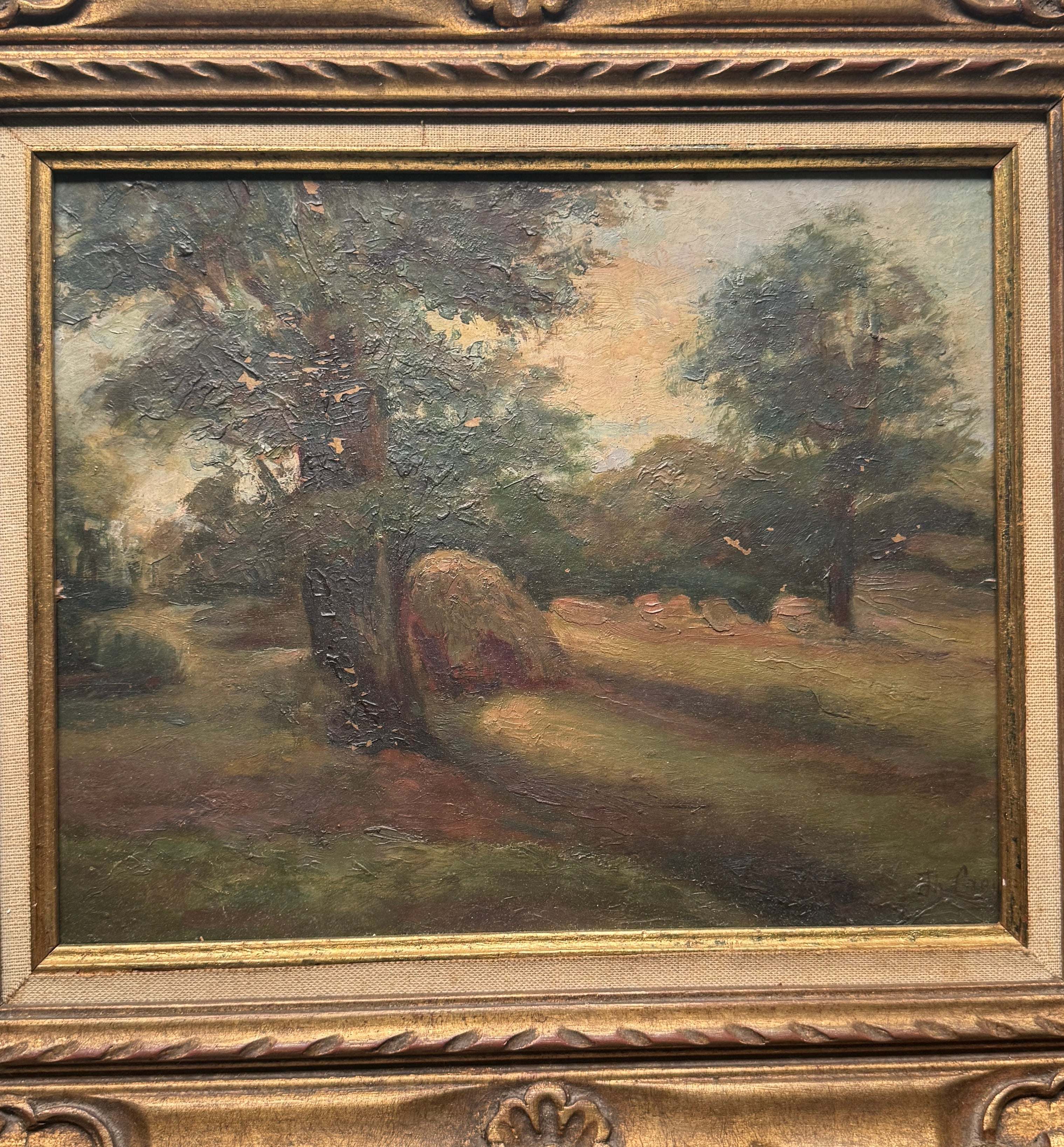 Antique Oil Landscape in the Barbizon Manner, Carved Giltwood Frame