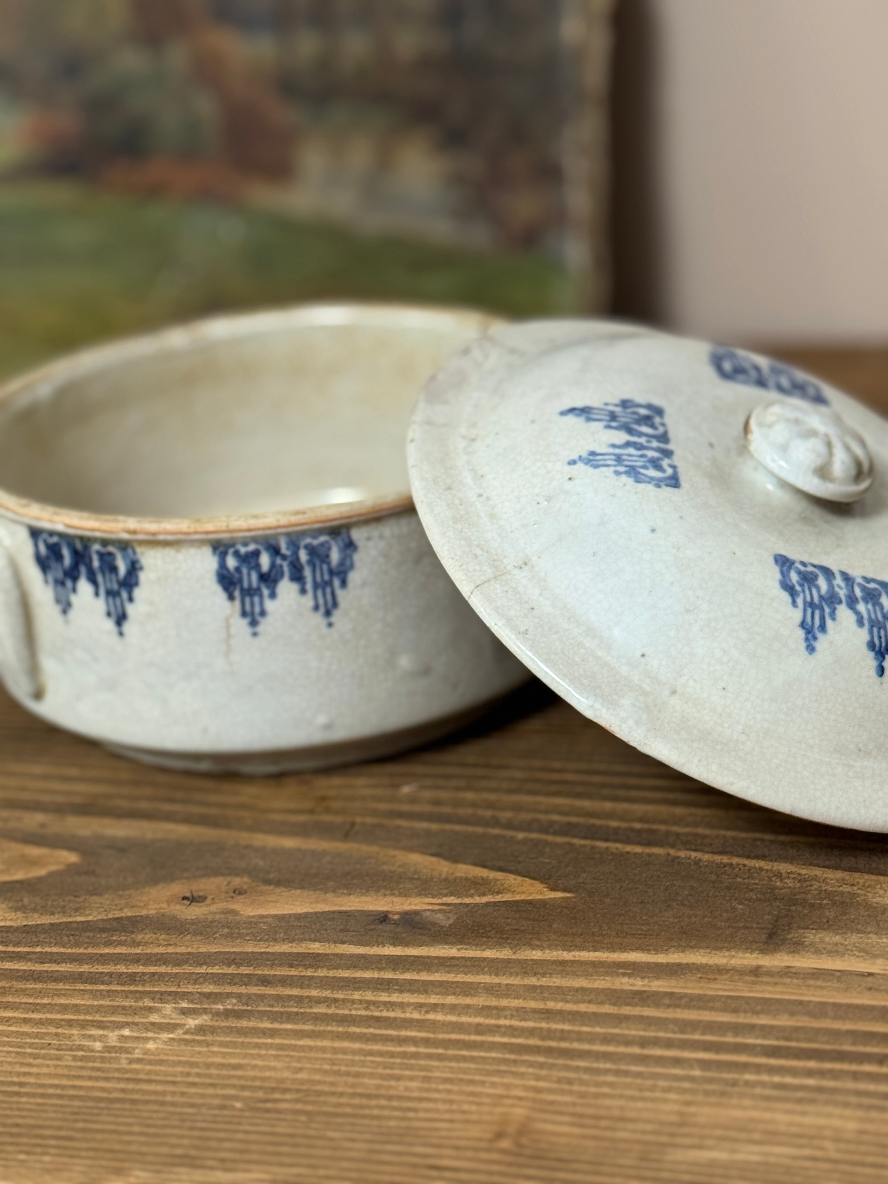 Antique French Saint-Uze Covered Dish, Blue Lambrequin