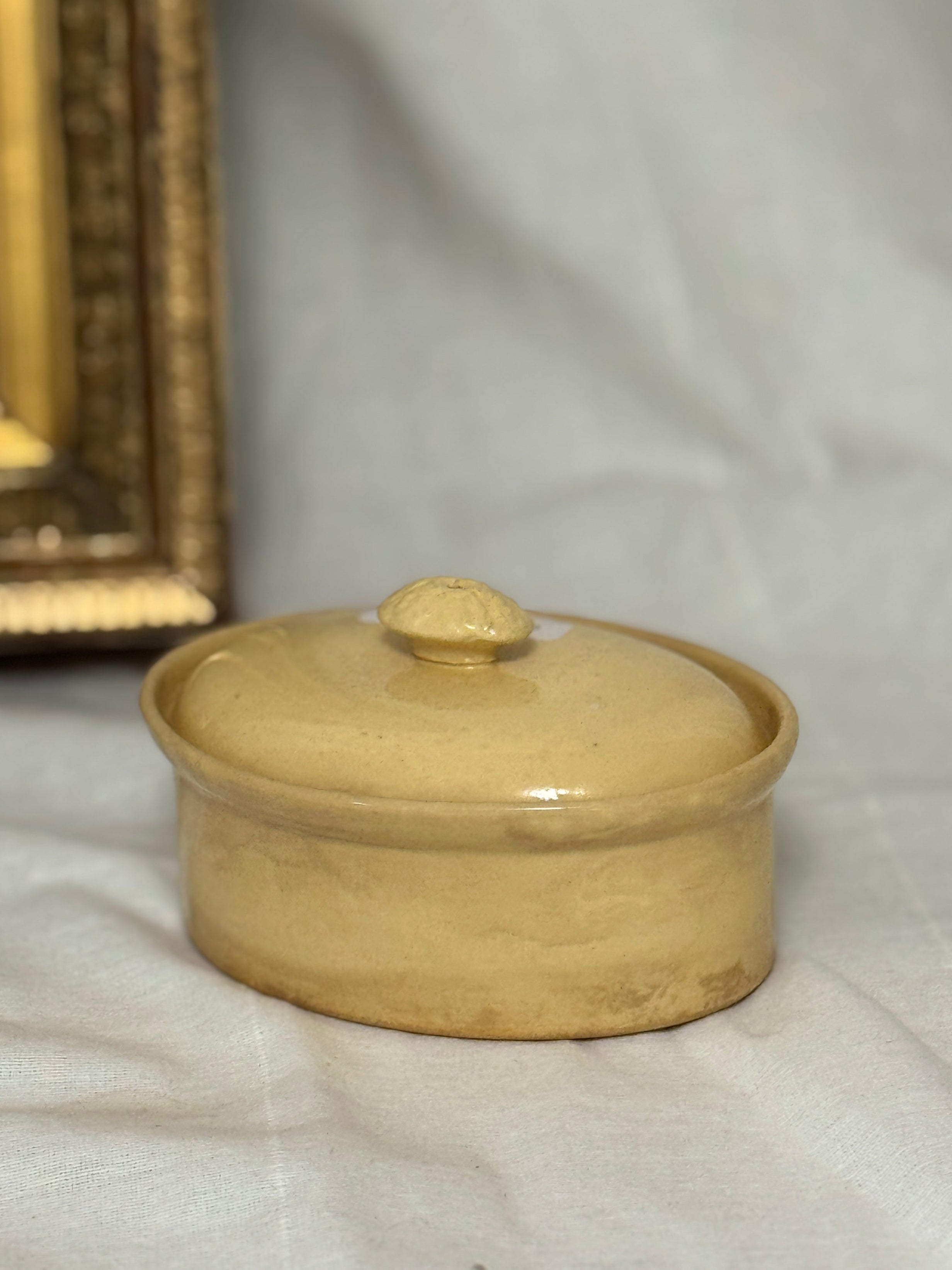Antique French Sarreguemines Yellow Glazed Oval Terrine with Lid, Terre à Feu, Late 19th or Early 20th Century