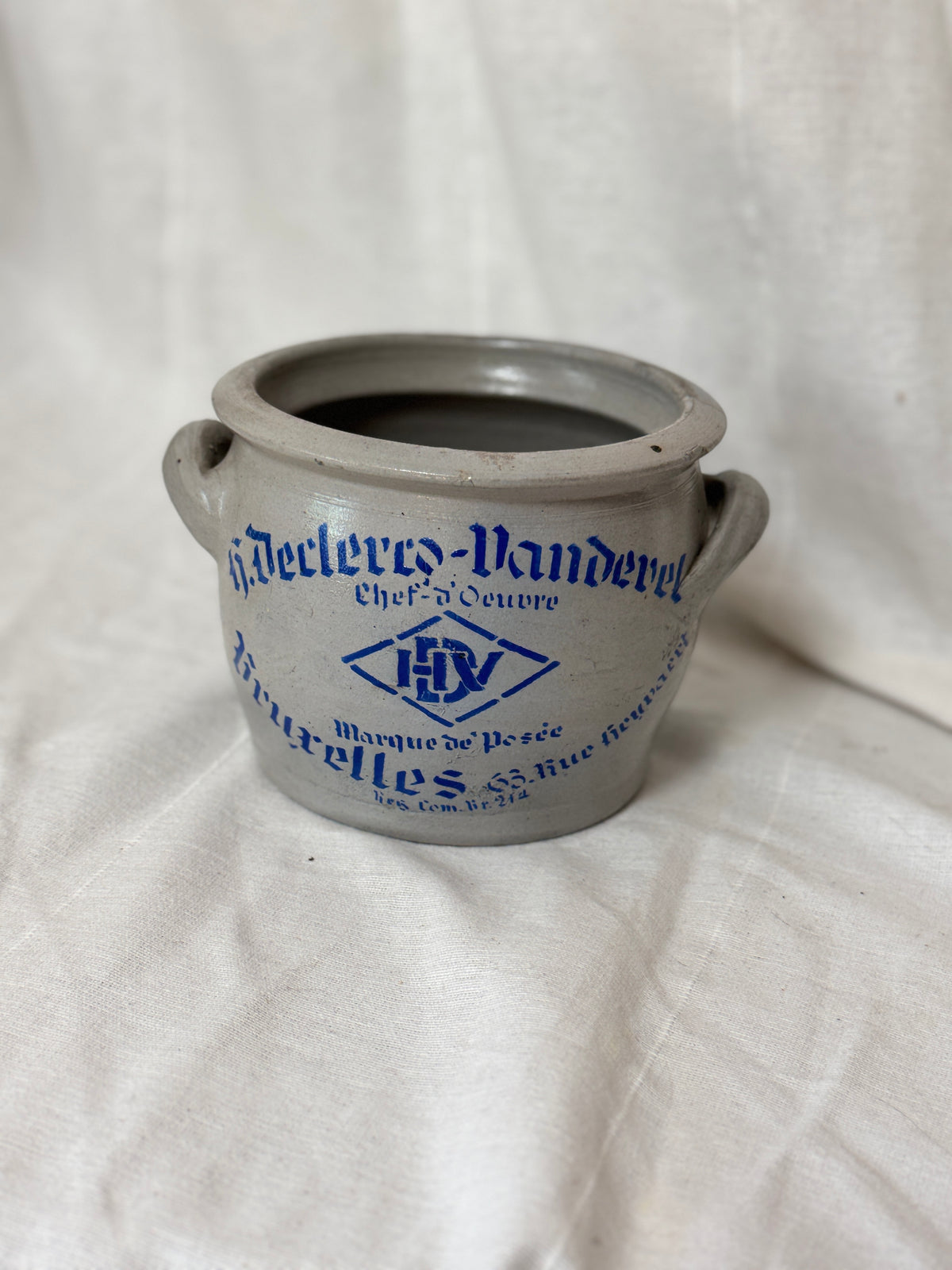 Antique Belgian Stoneware Crock, Brussels Stencil