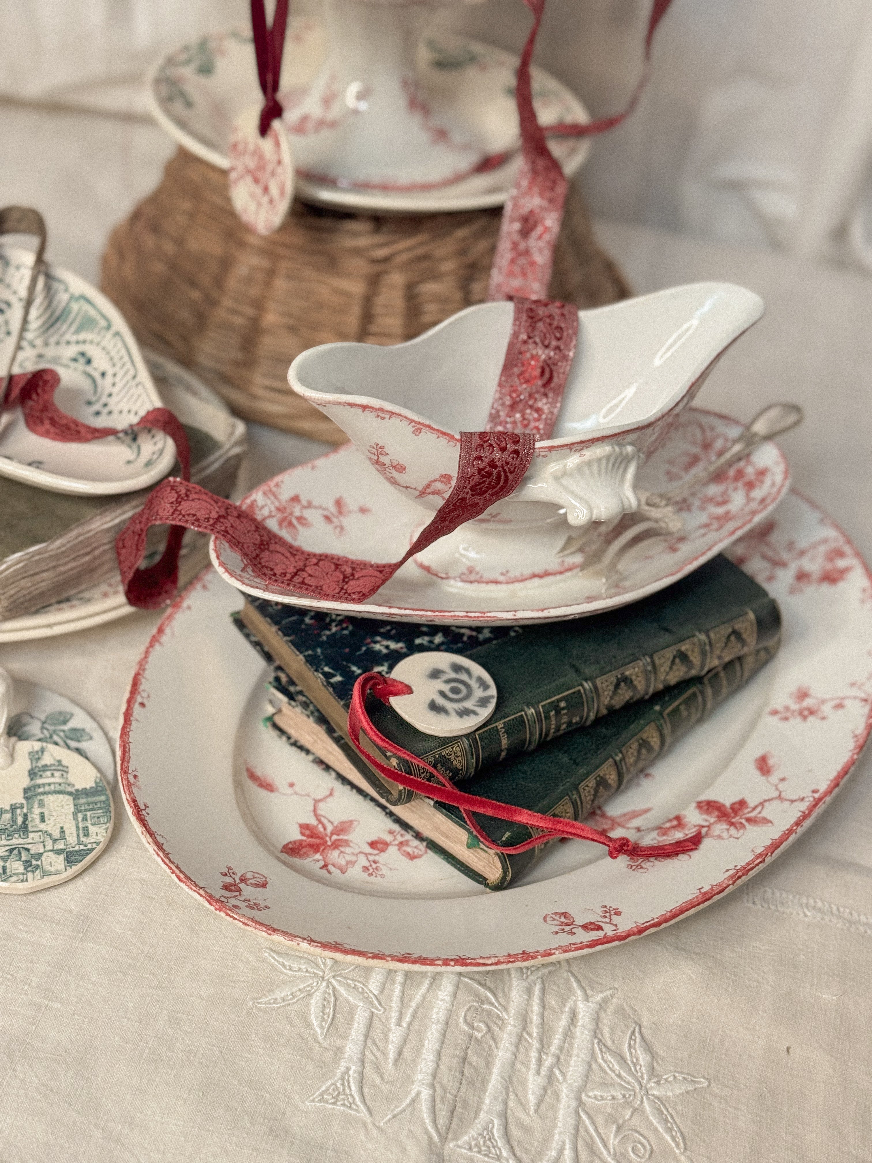 Antique Gien Red Transfer Oval Serving Platter