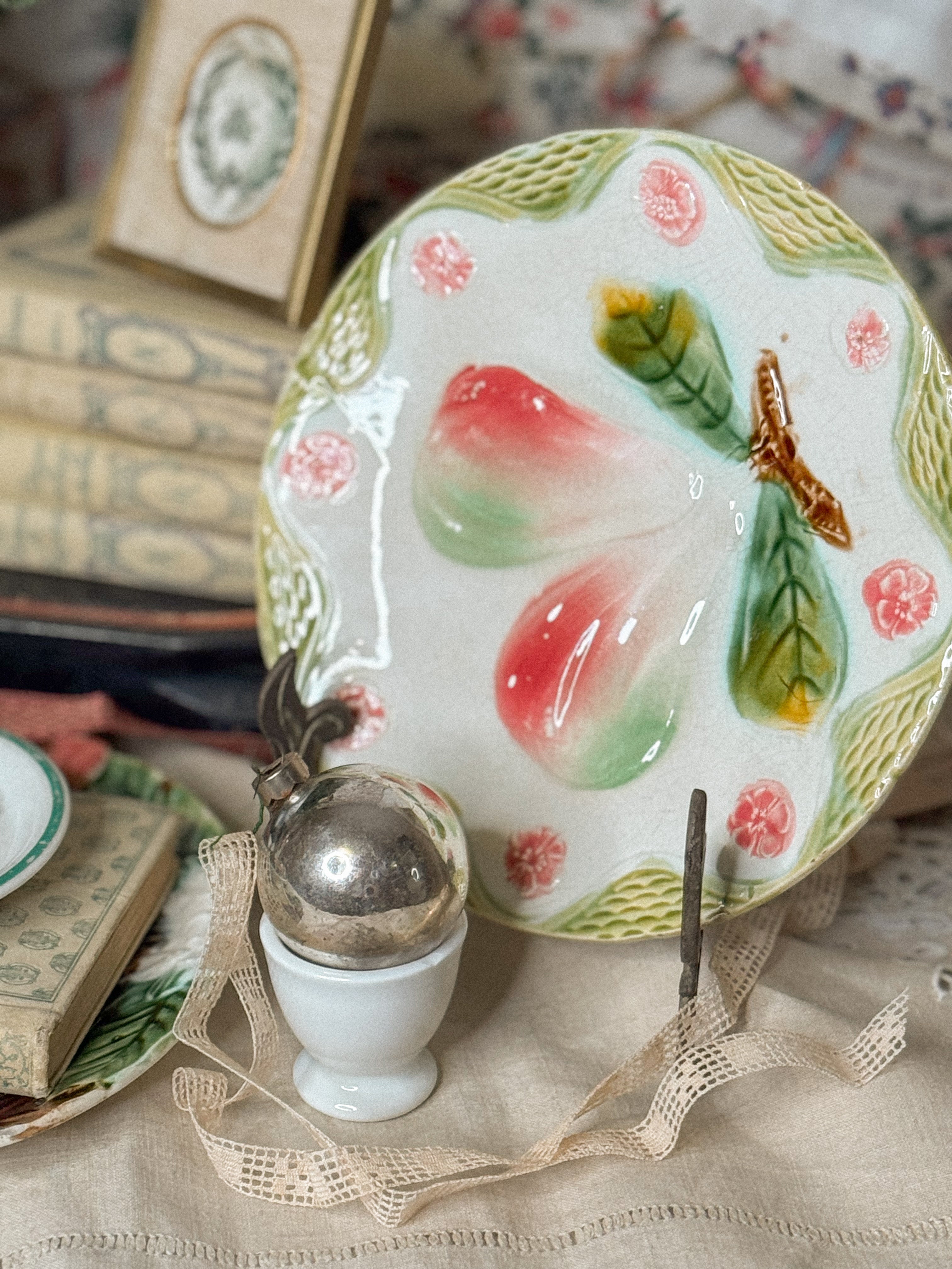 Antique Orchies Majolica Plate with Pears & Blossoms