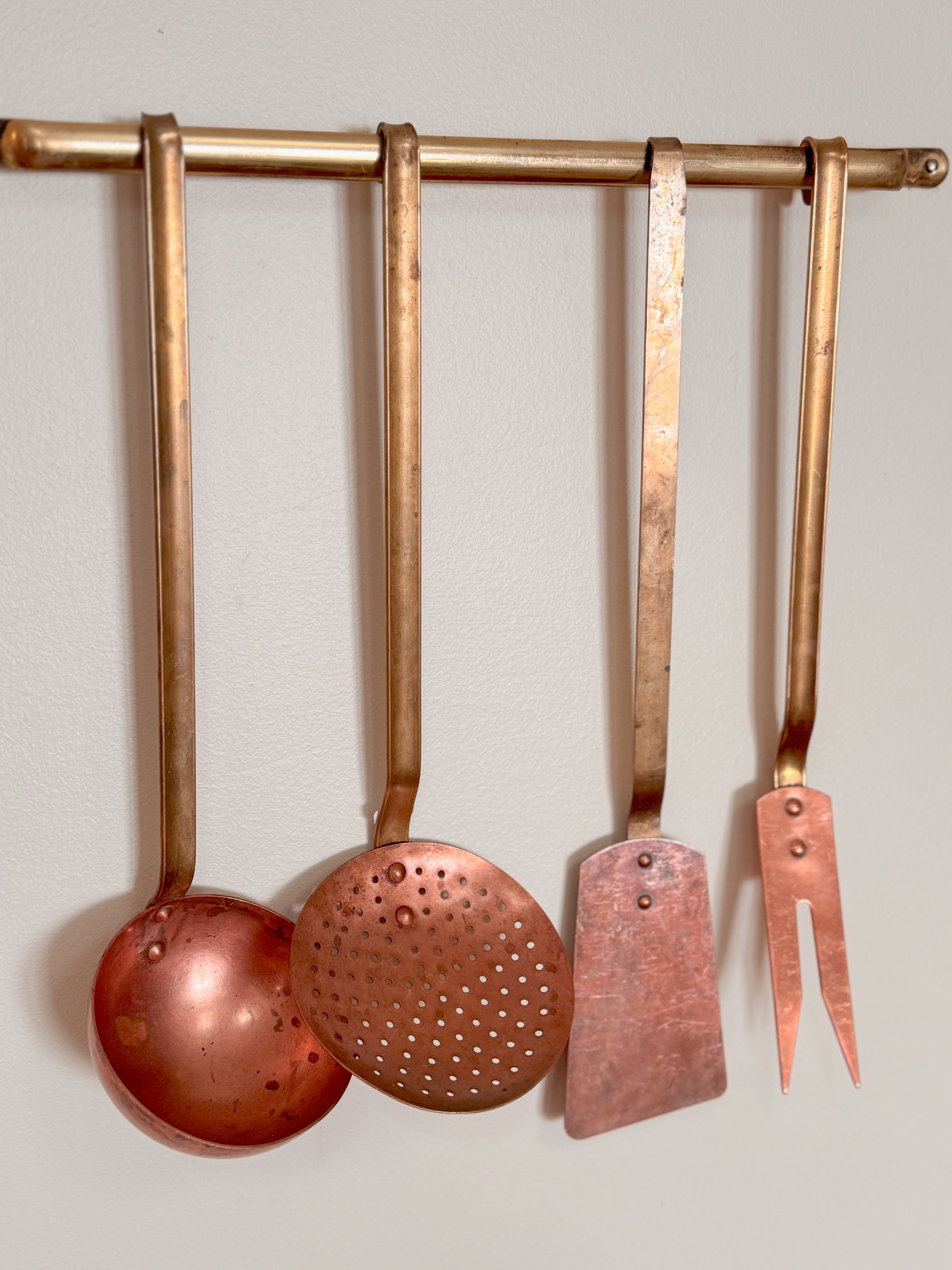Antique French Brass & Copper Kitchen Utensil Set on Hanging Rack