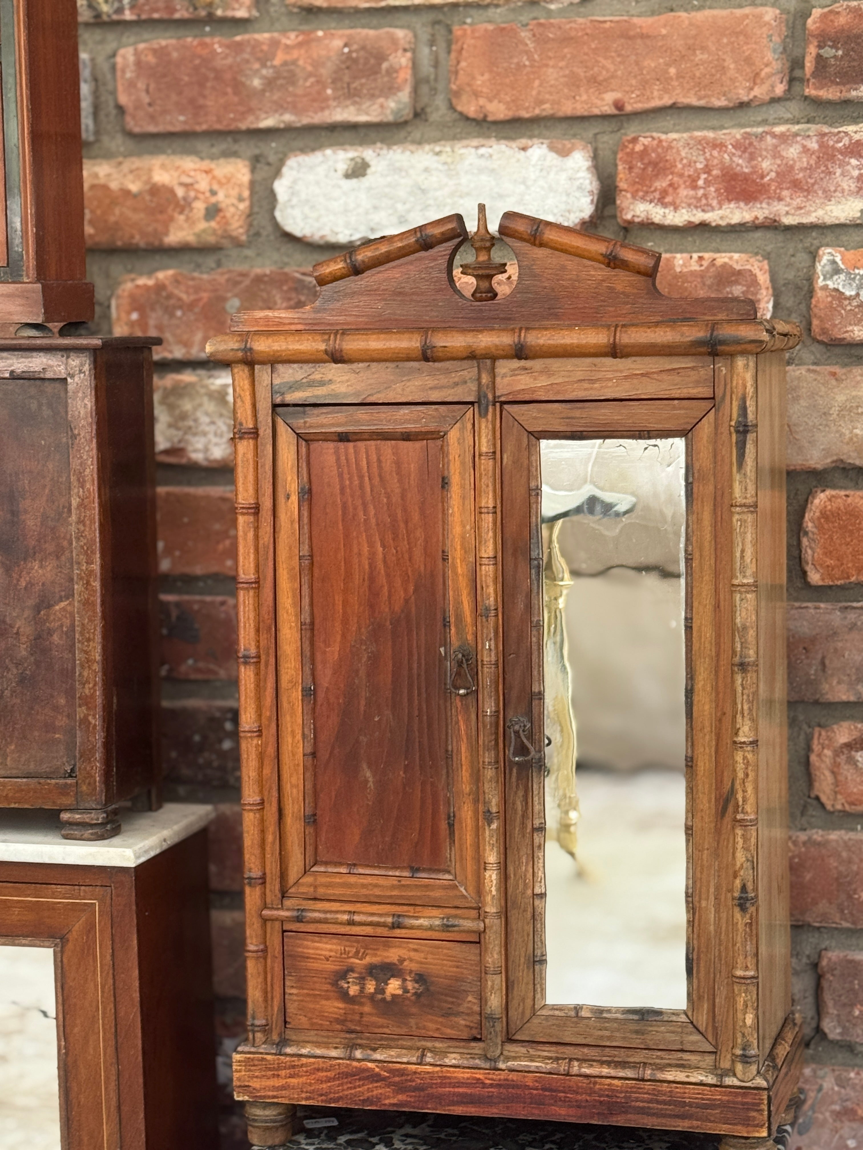 Antique French Faux-Bamboo Miniature Armoire, Belle Époque