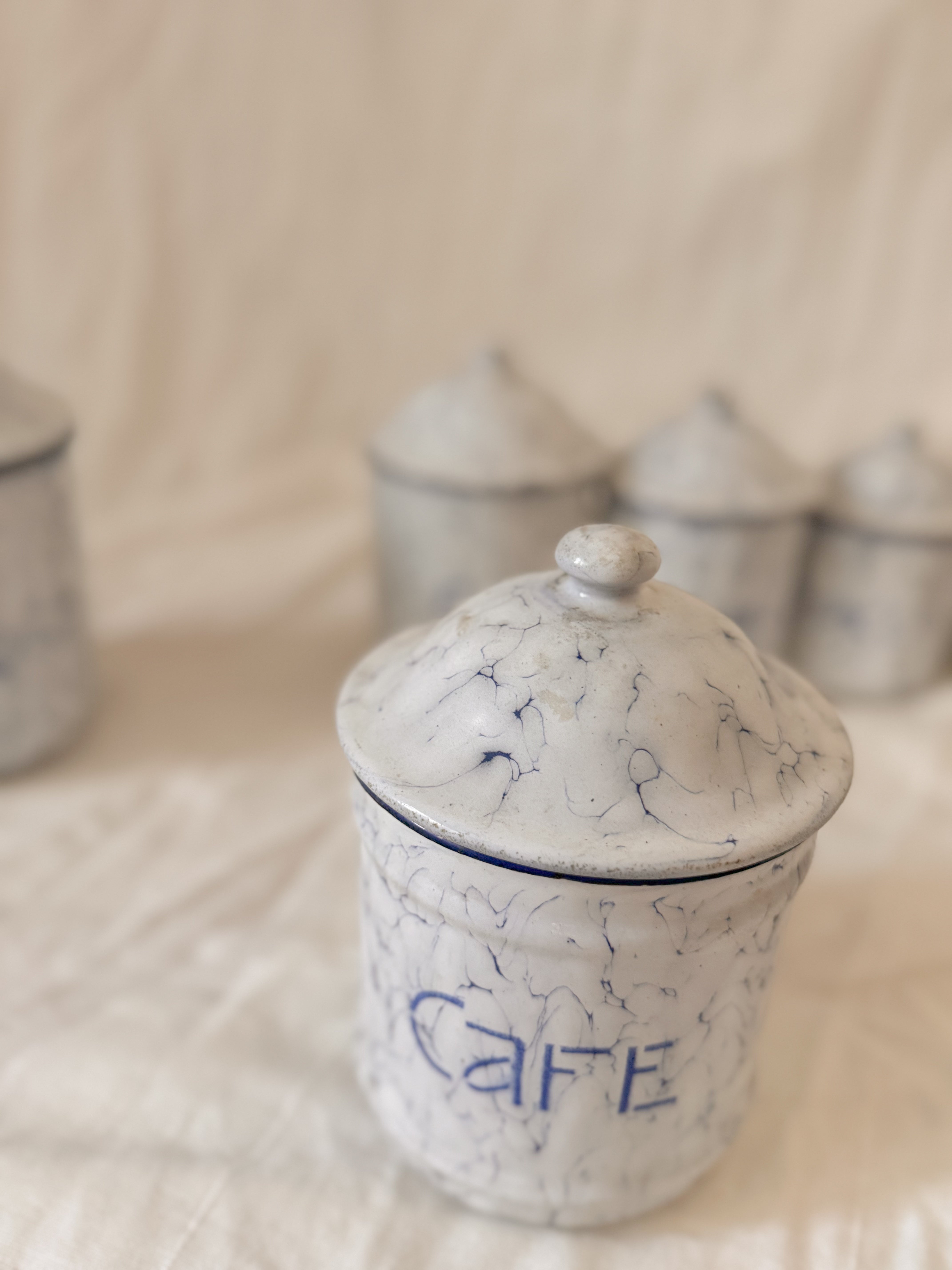 Set of French Blue & White Marbled Enamel Canisters