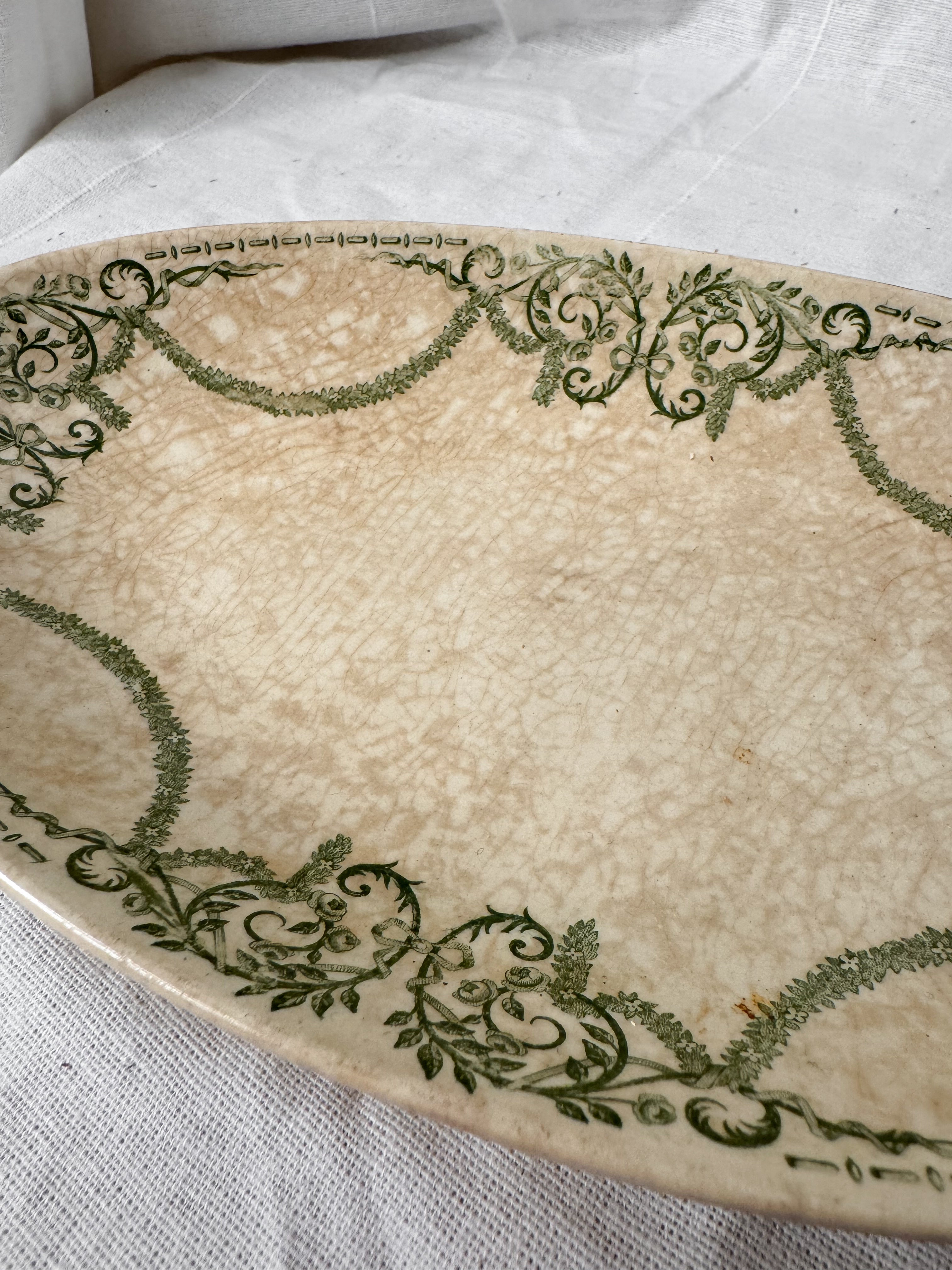 19th-century green transferware oval plate