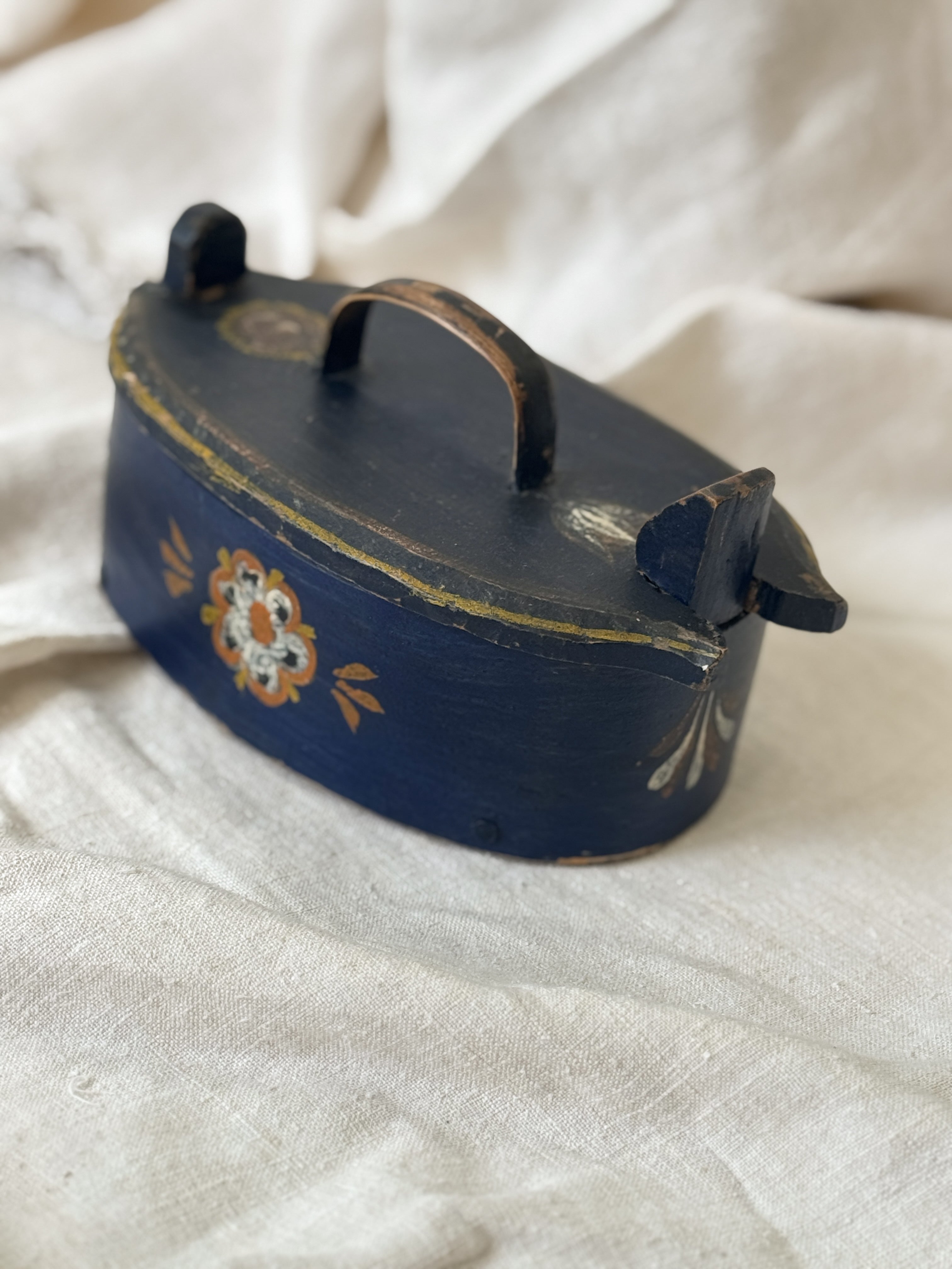 Antique Norwegian Tine (Bentwood Box), Blue Painted with Rosemaling, Dated 1902