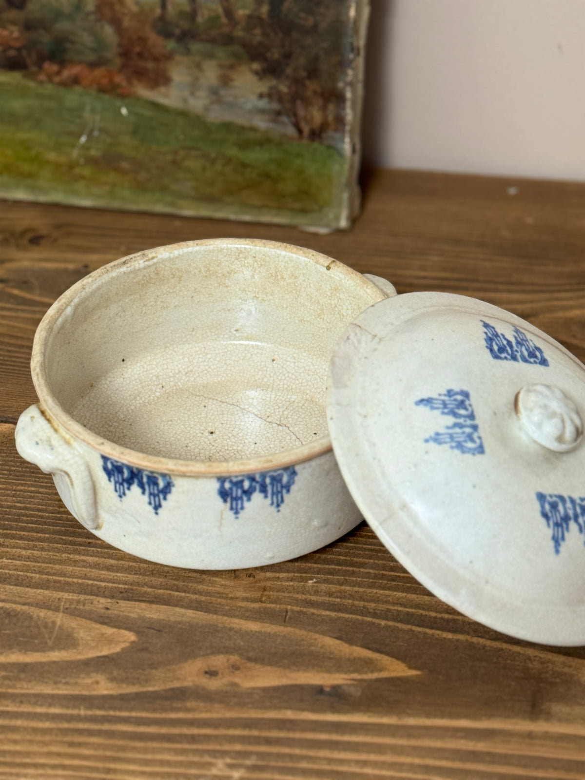 Antique French Saint-Uze Covered Dish, Blue Lambrequin