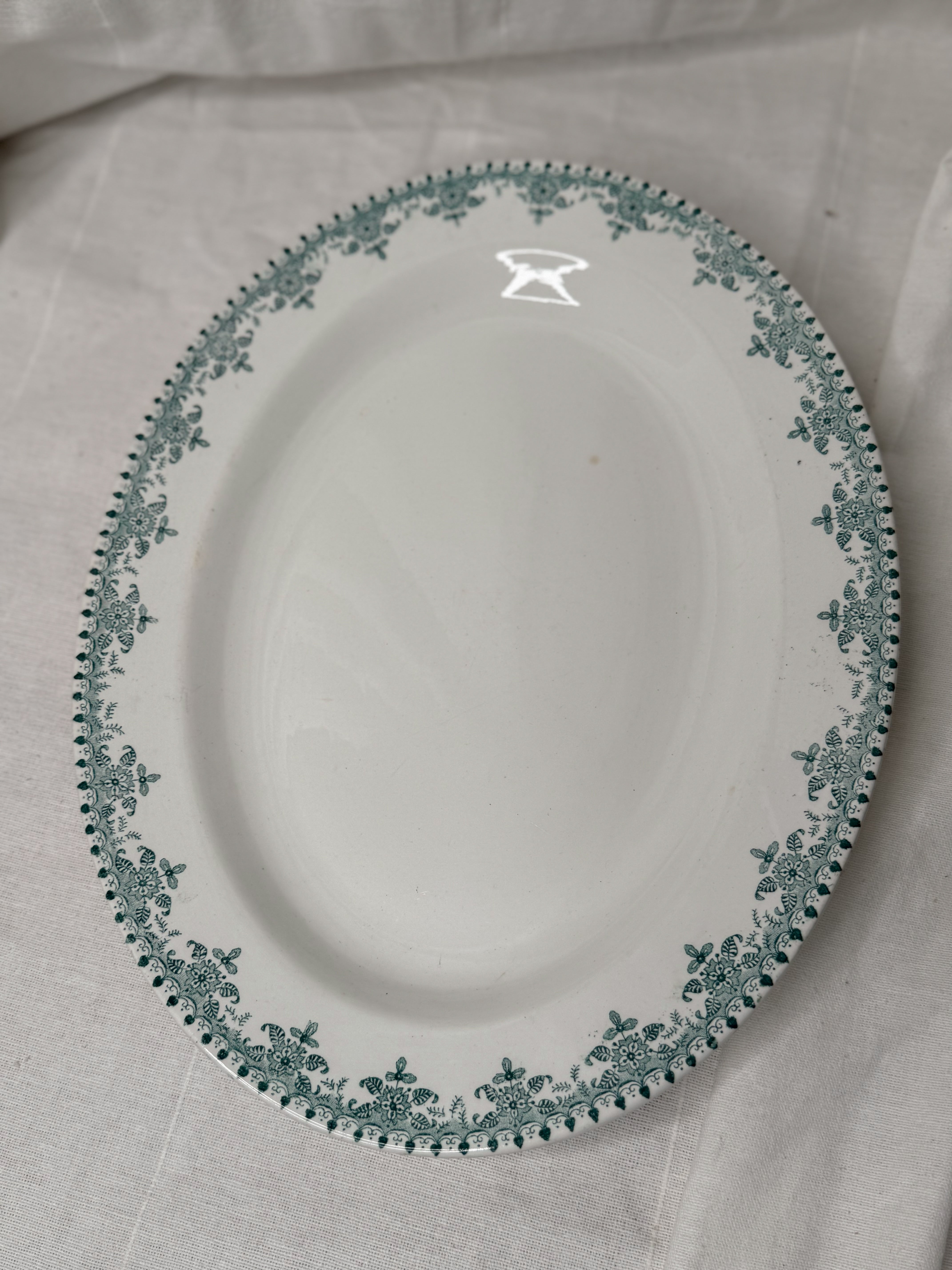 Antique French green transferware platter