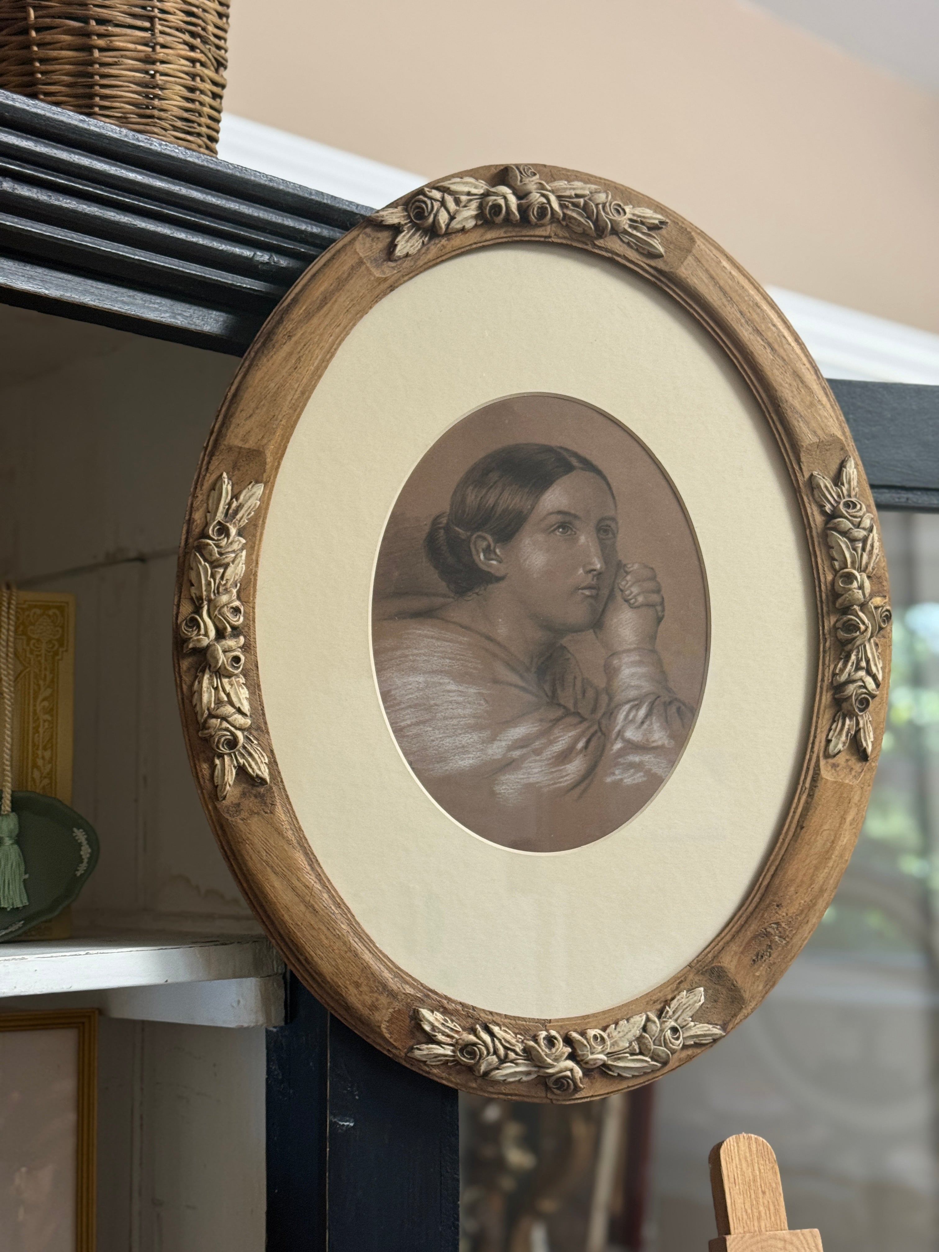 Antique French Portrait Drawing of a Young Woman, Carved Wood Oval Frame