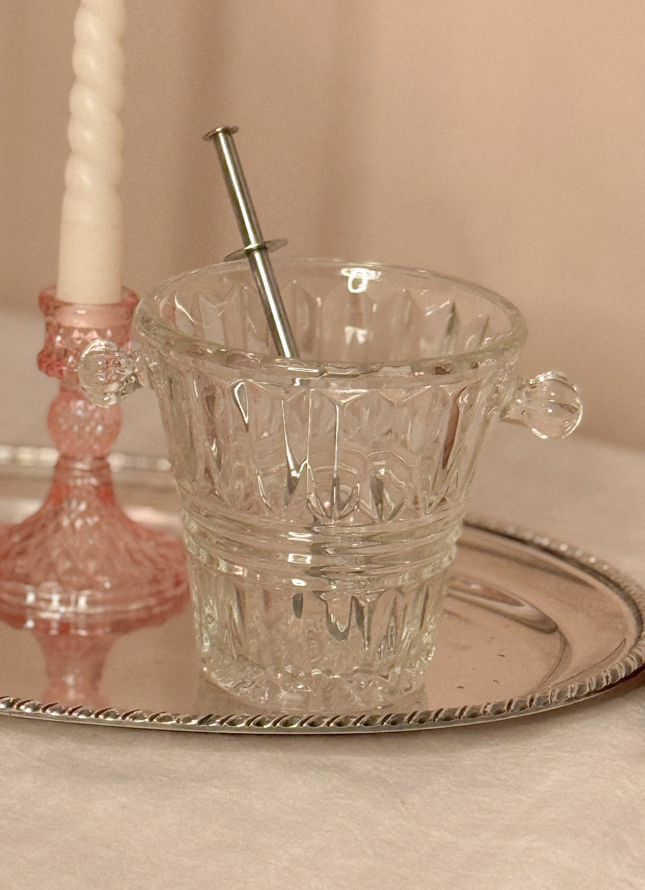 Antique French Crystal Ice Bucket with Spring-Loaded Ice Tongs