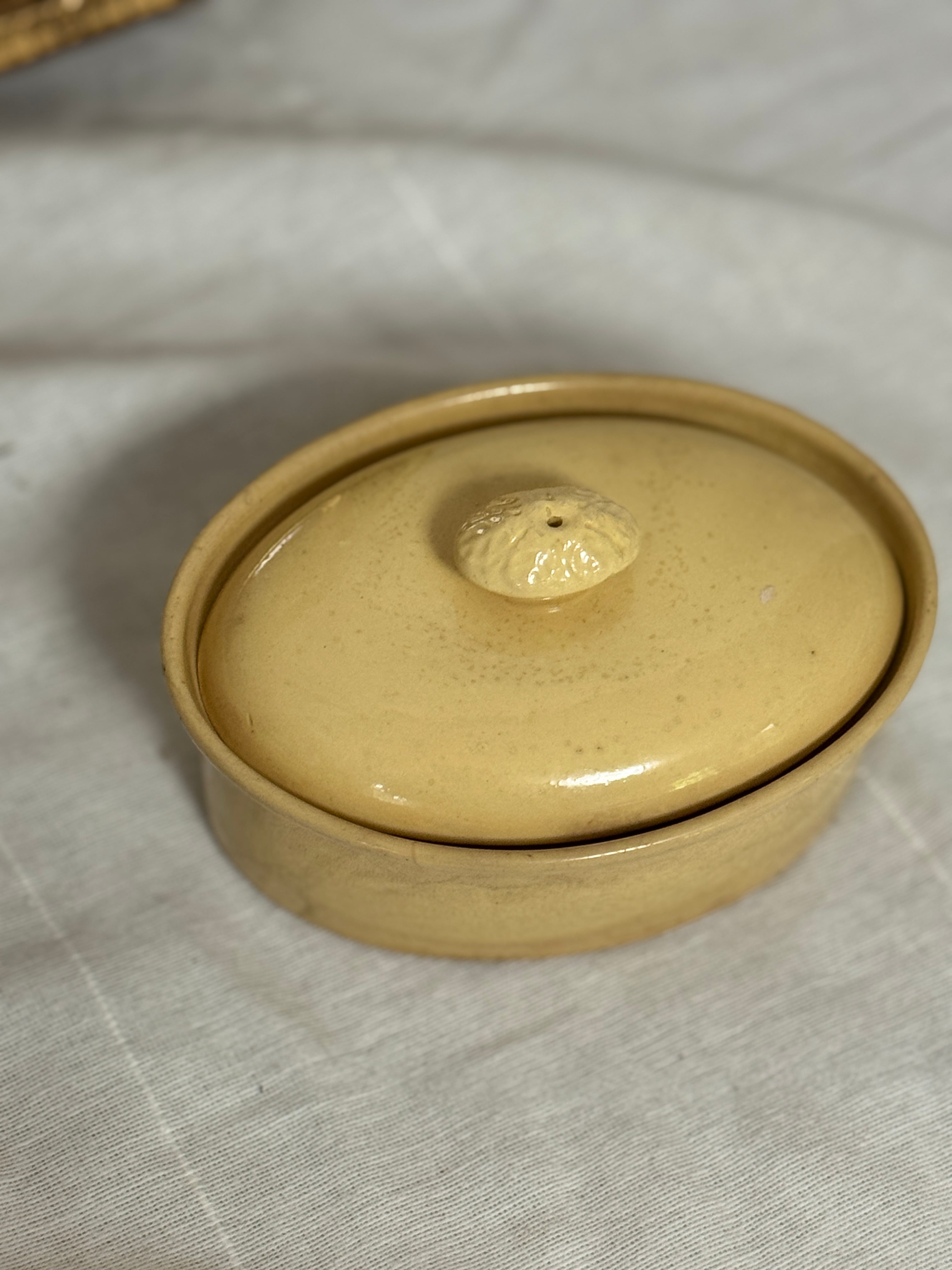 Antique French Sarreguemines Yellow Glazed Oval Terrine with Lid, Terre à Feu, Late 19th or Early 20th Century