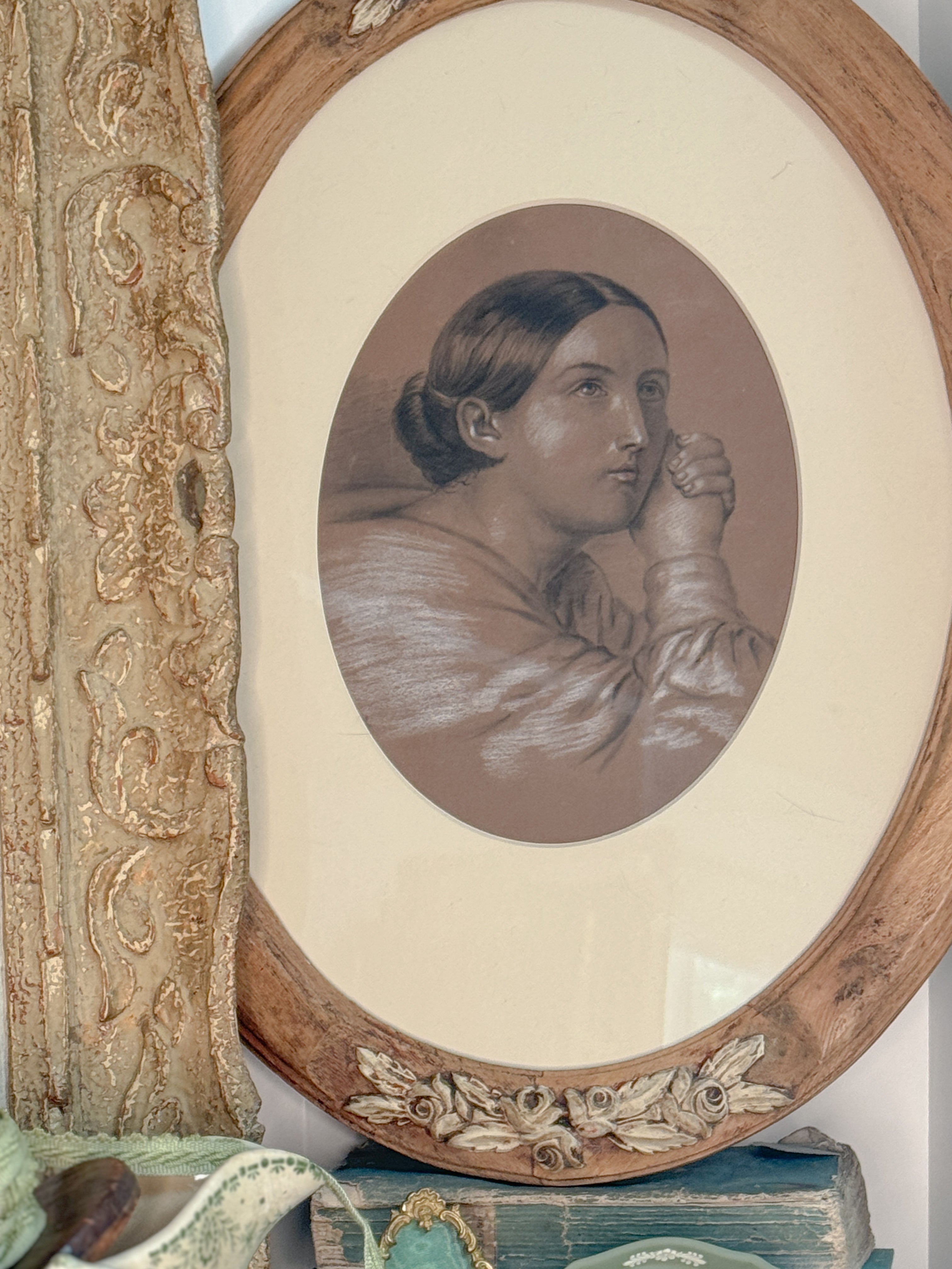 Antique French Portrait Drawing of a Young Woman, Carved Wood Oval Frame