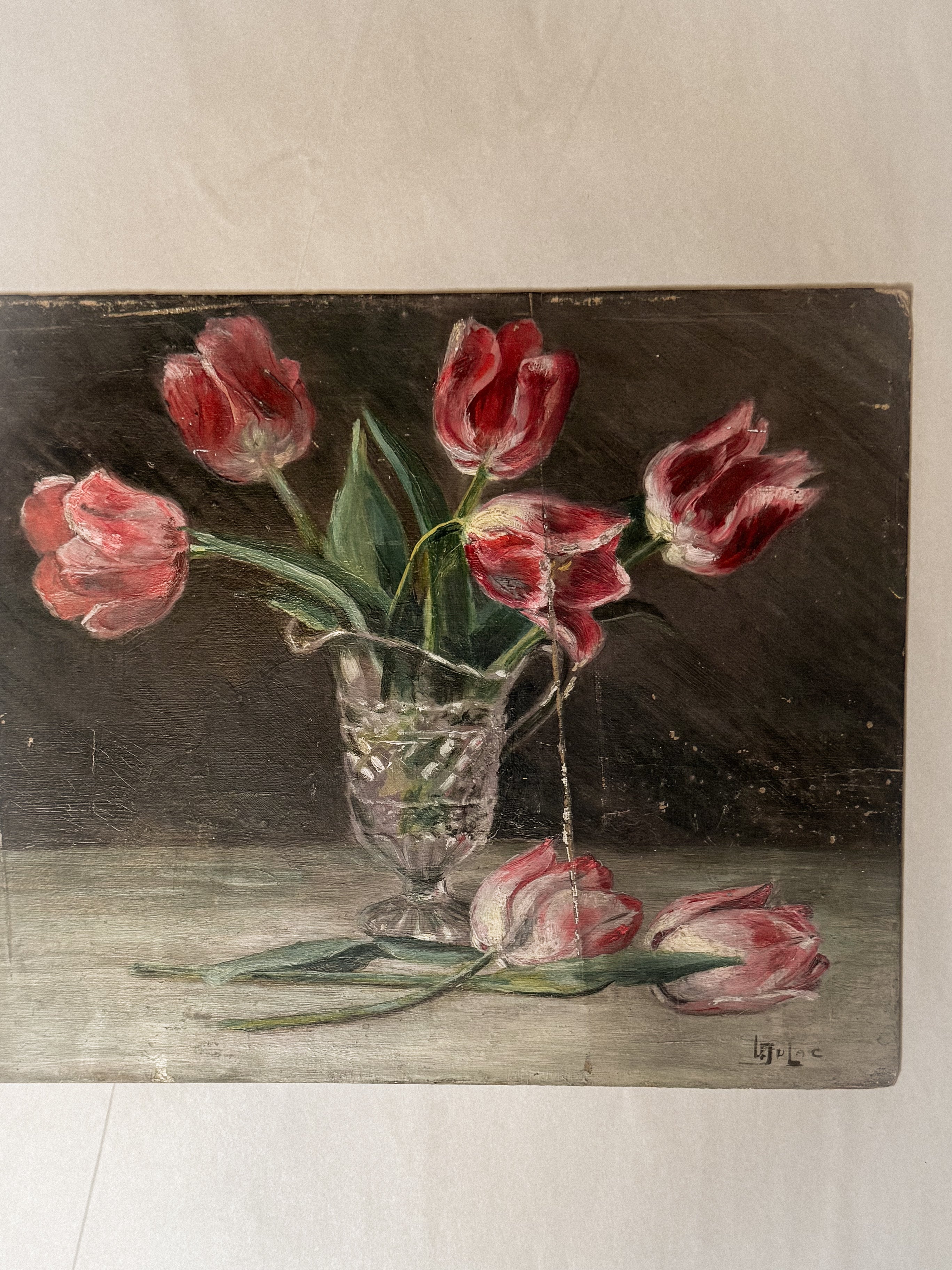 French Tulip Still Life Painting, signed