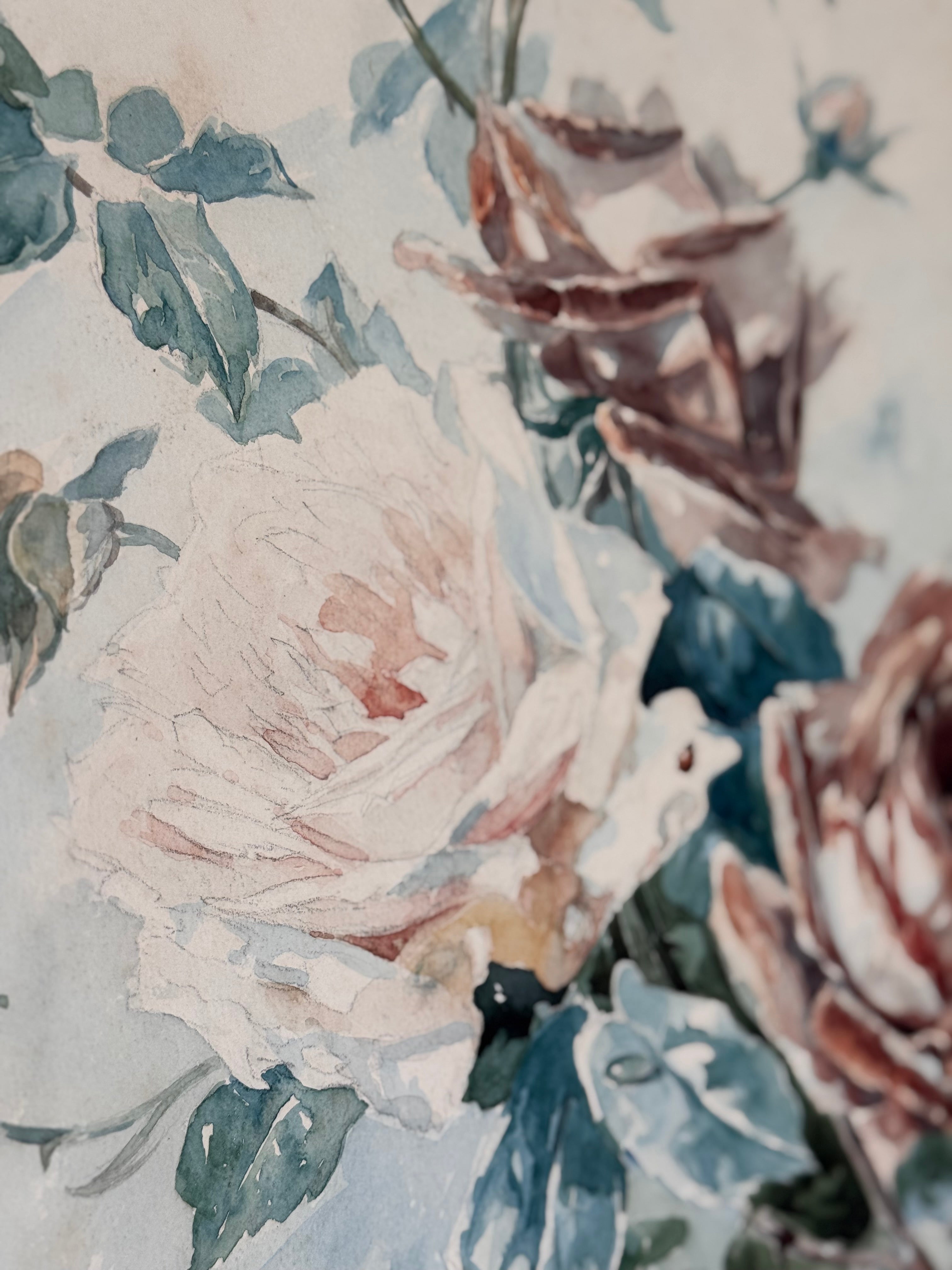Aquarelle de Roses – Antique and Signed (c. 1890–1920)