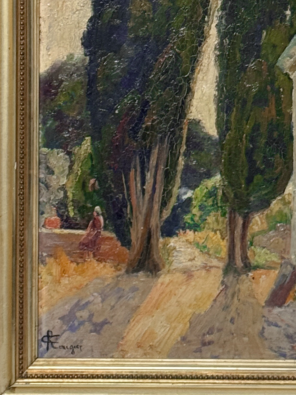 Antique French Landscape with Cypresses and a Bastide, Signed Cyrille Rougier, Framed Oil on Board