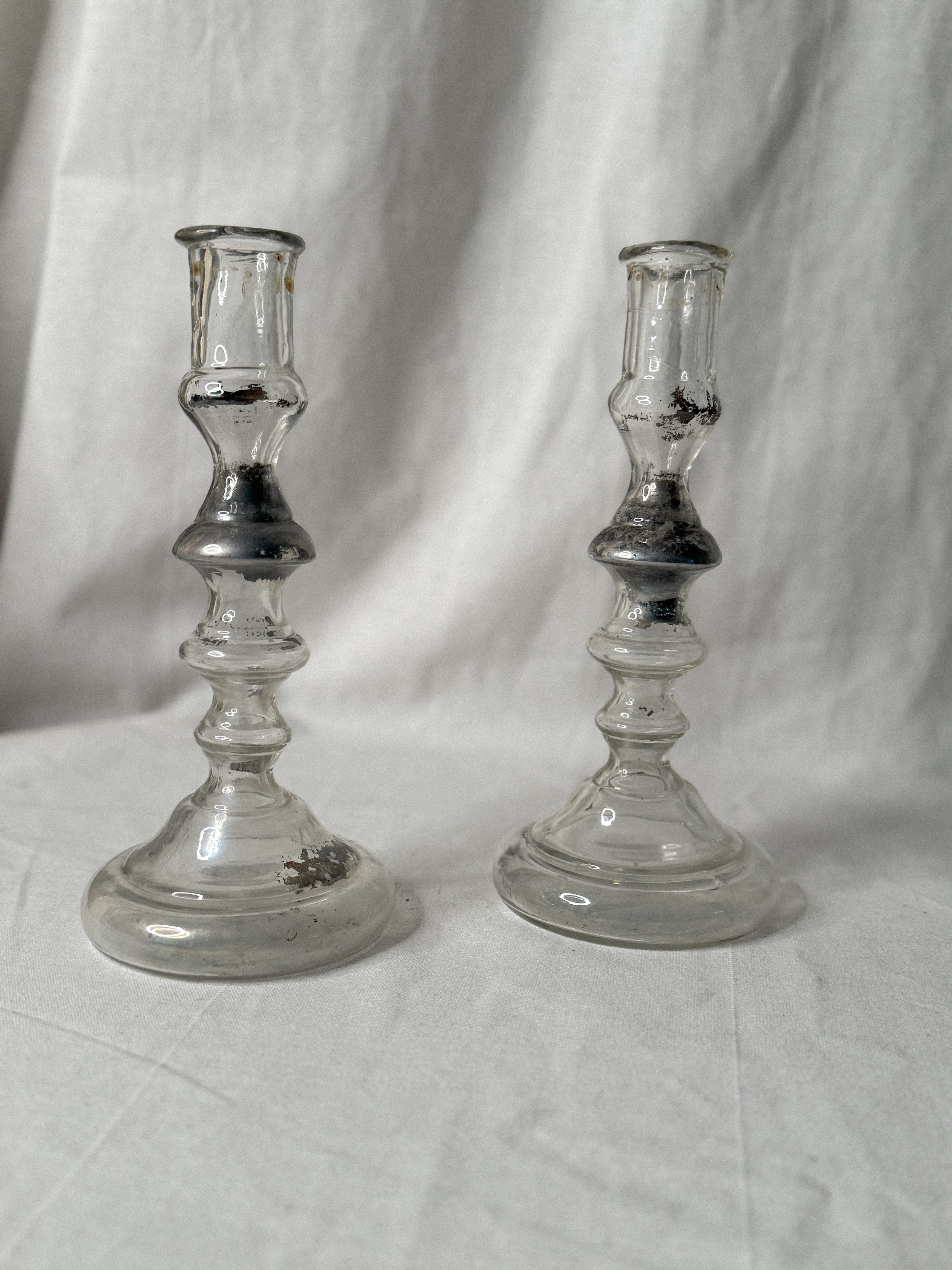 Antique Pair of French Mercury Glass Candlesticks, late 19th c.