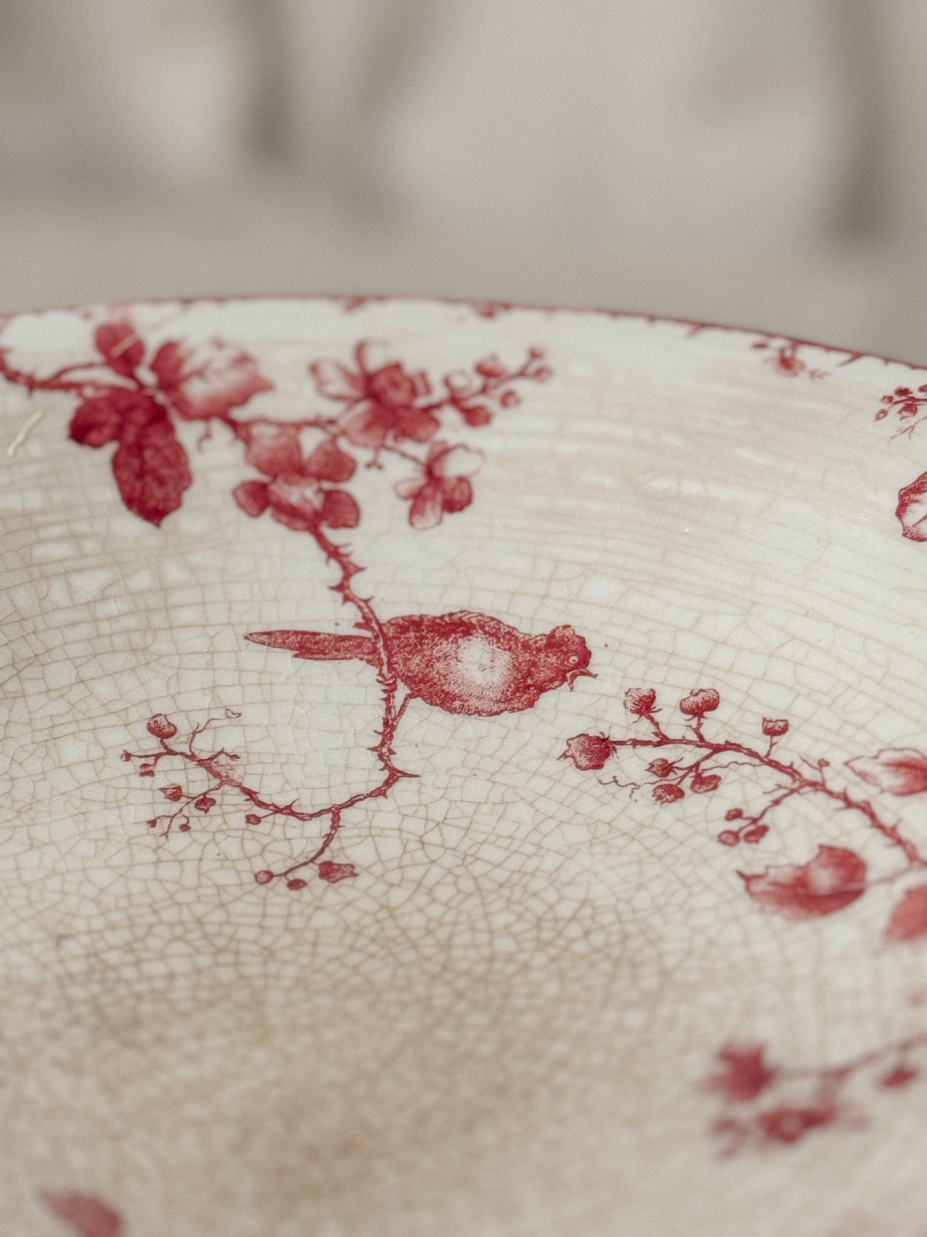 Antique French Red Transfer Bird & Floral Compotier