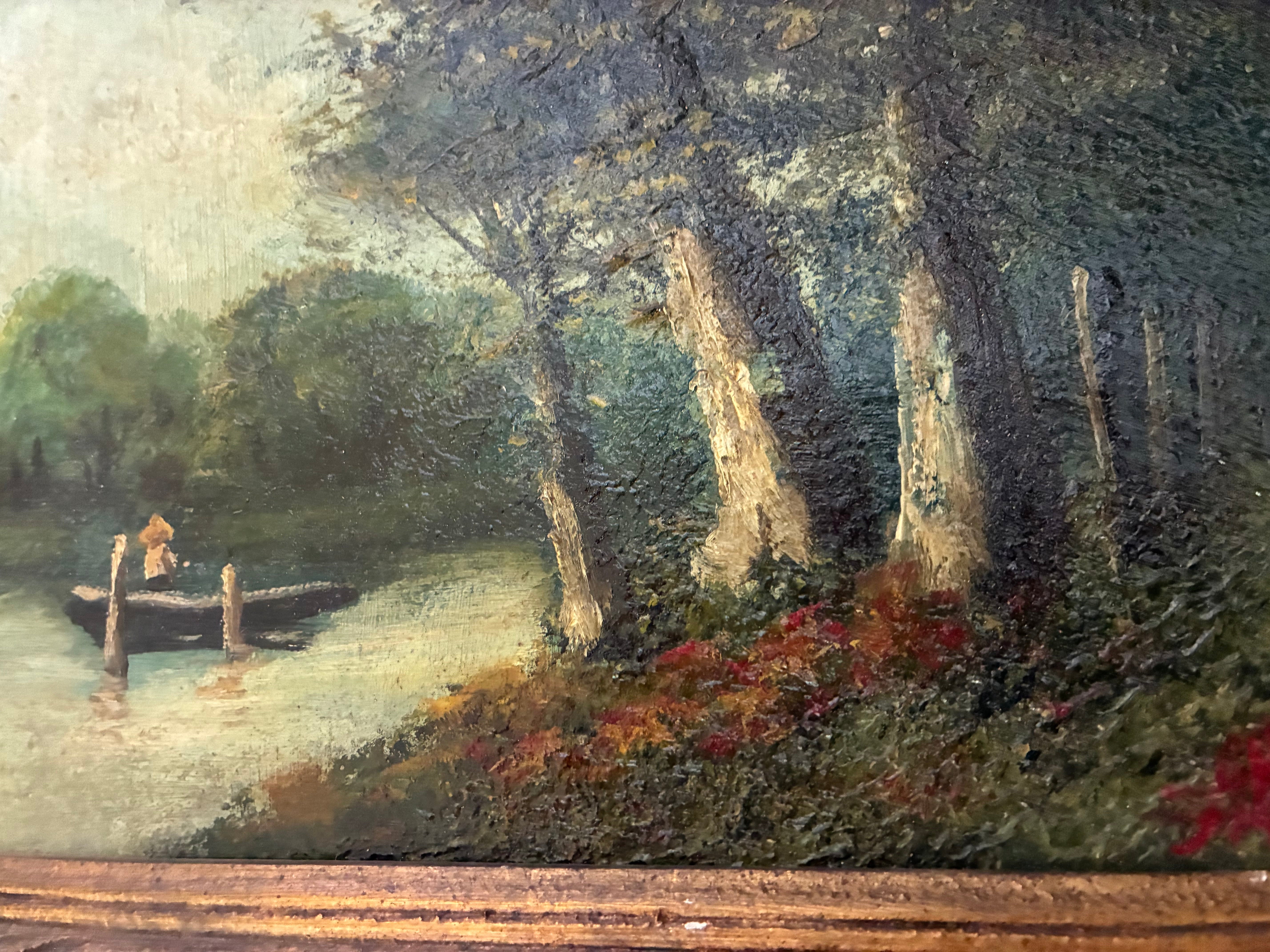 Antique Pair of Small French Oil Paintings, River and Forest Scenes, late 19th c.