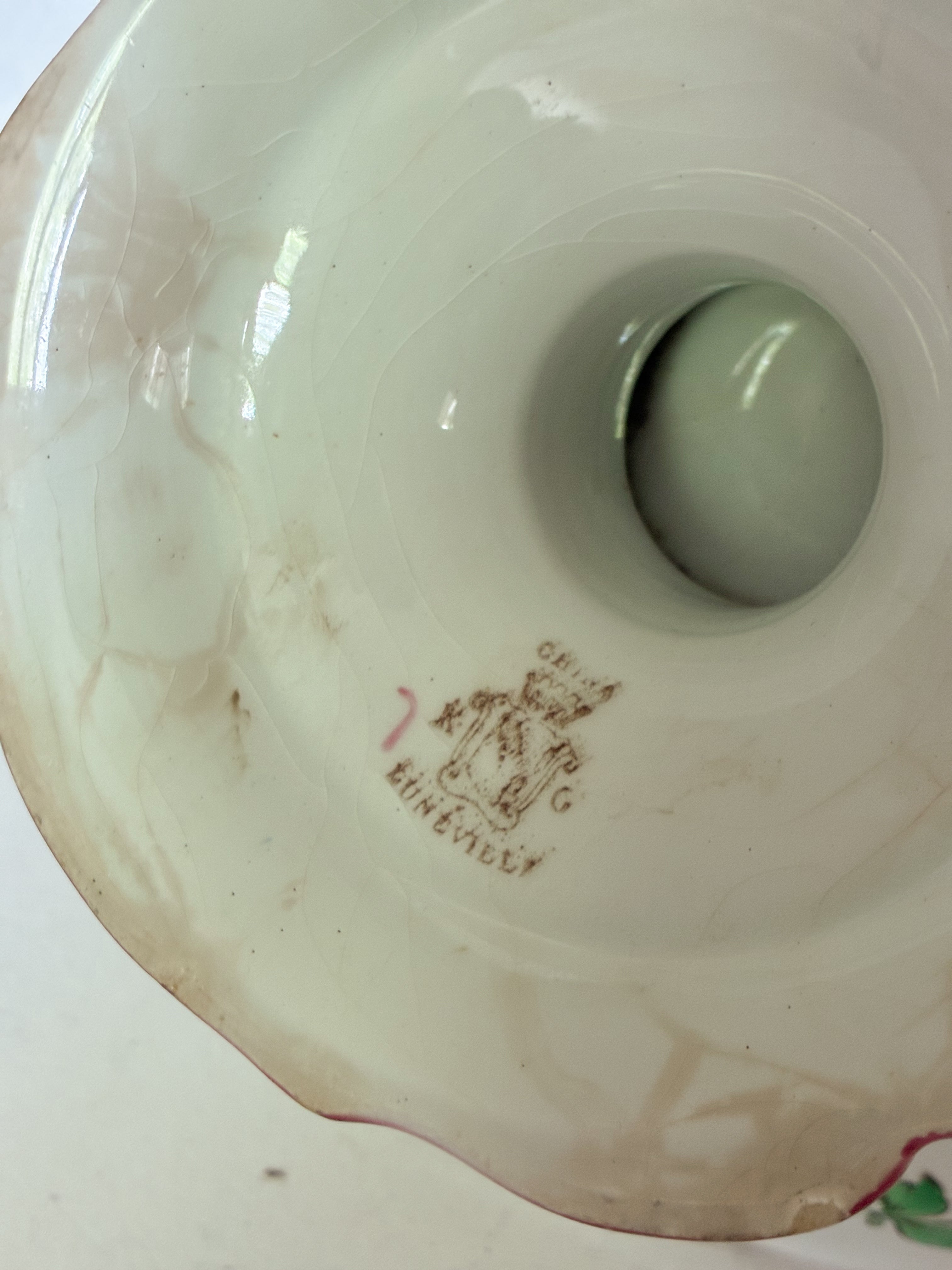 Antique French Lunéville Faïence Cake Plate, signed K&G, Light Rococo Bouquet