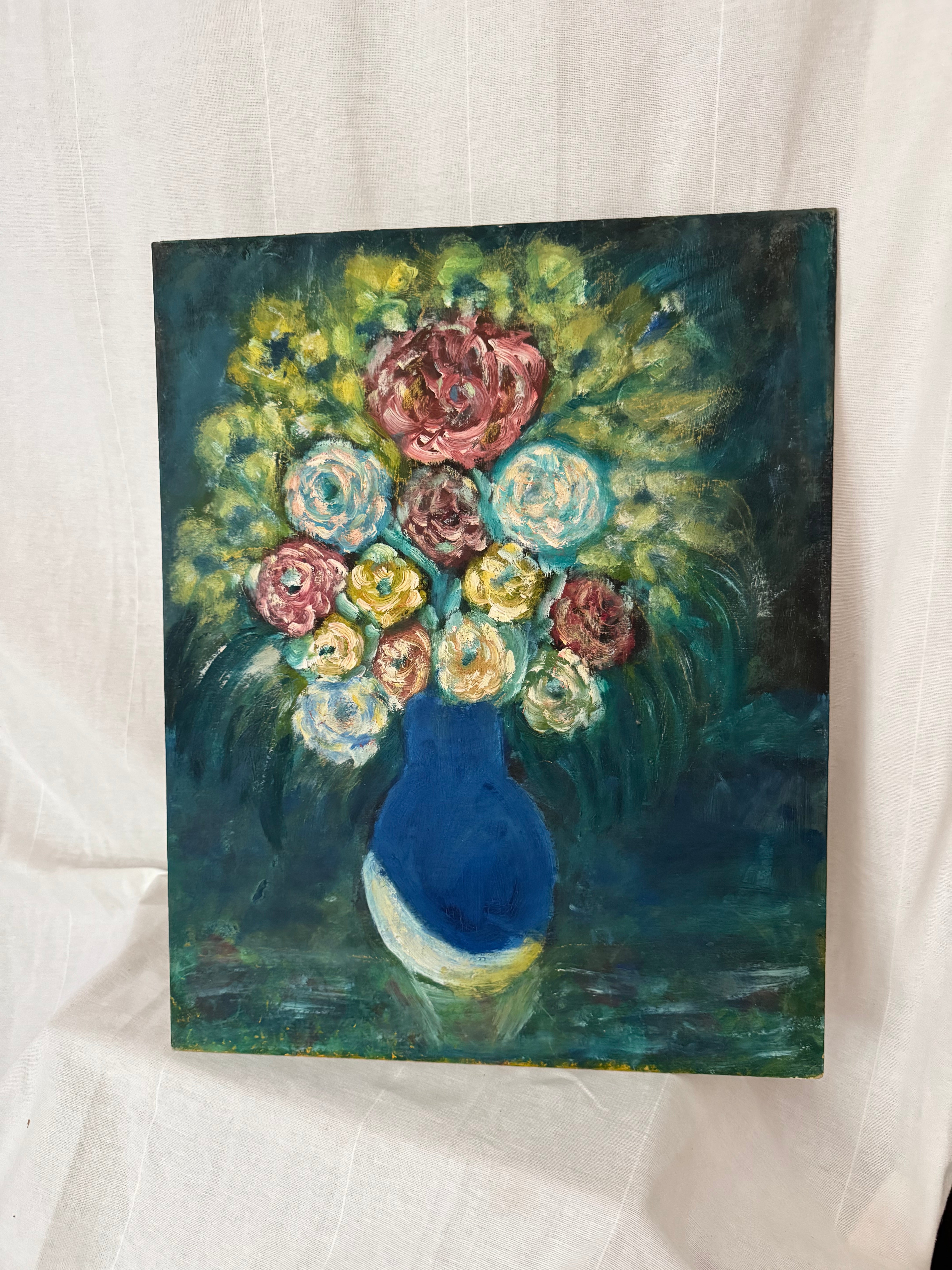 Oil Painting of Flowers in a Blue Vase