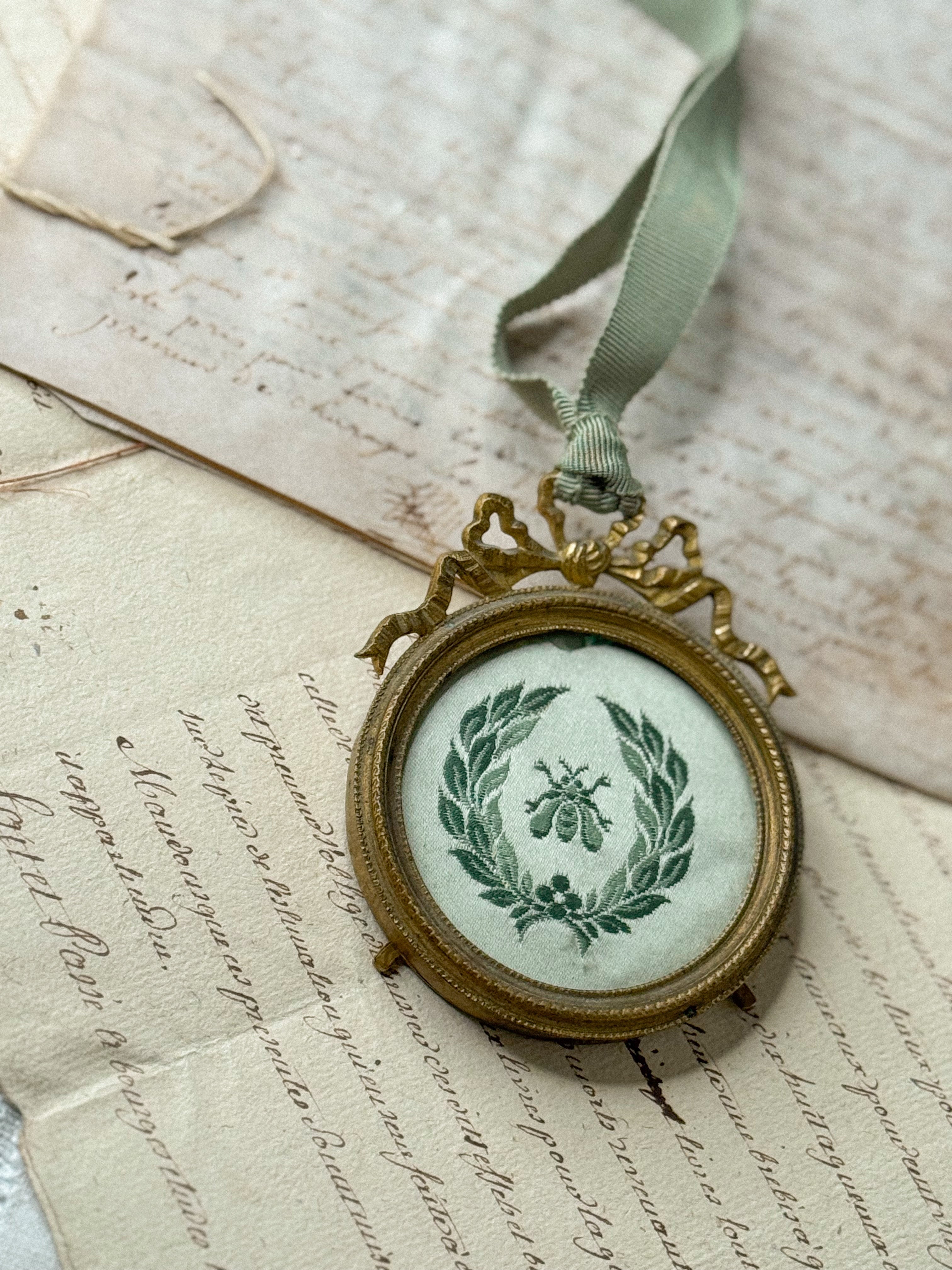 Antique French Frame Ornament with Bee Textile