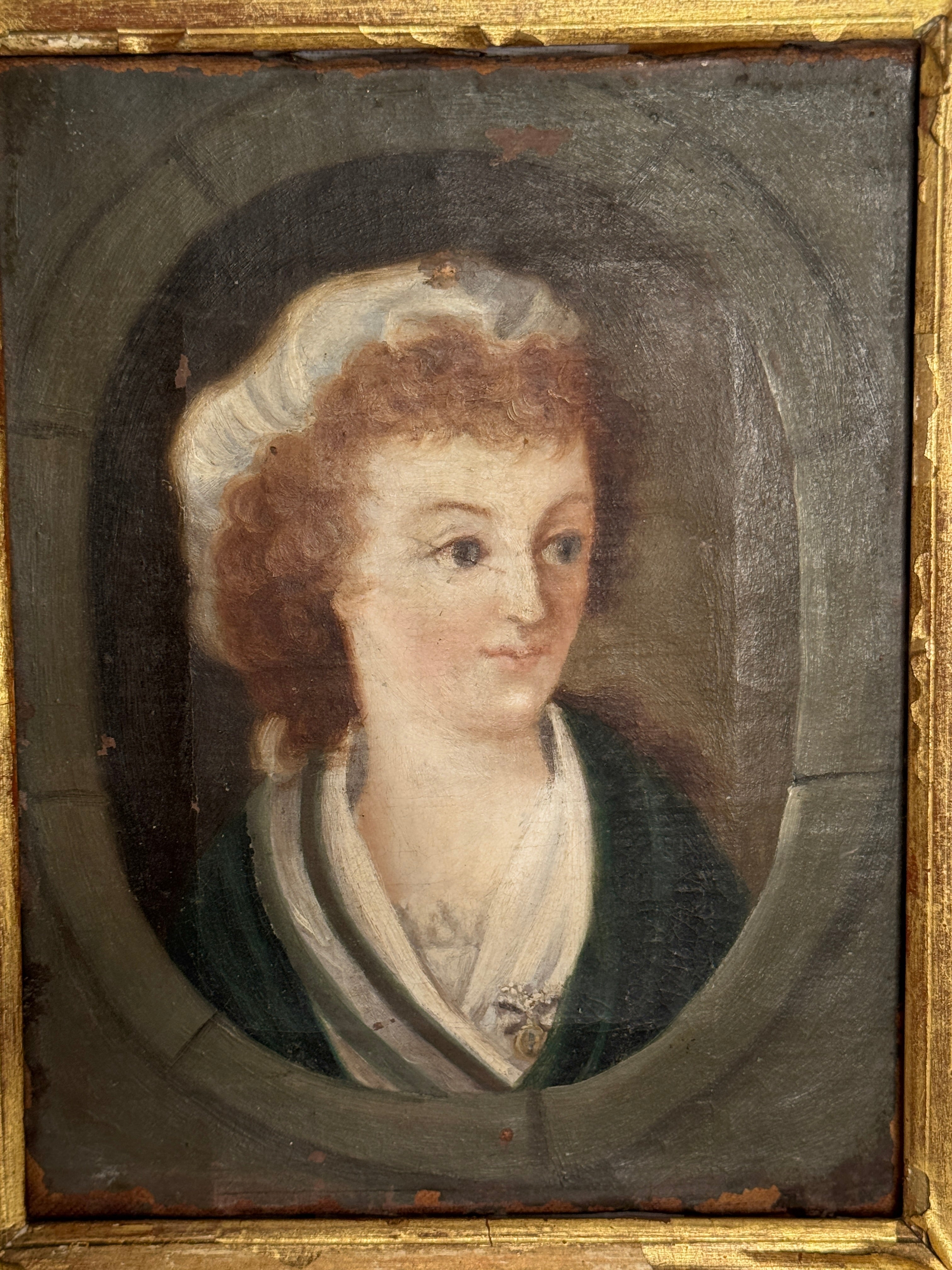 Antique French Portrait of a Young Woman in Bonnet, oil, late 18th / early 19th c.