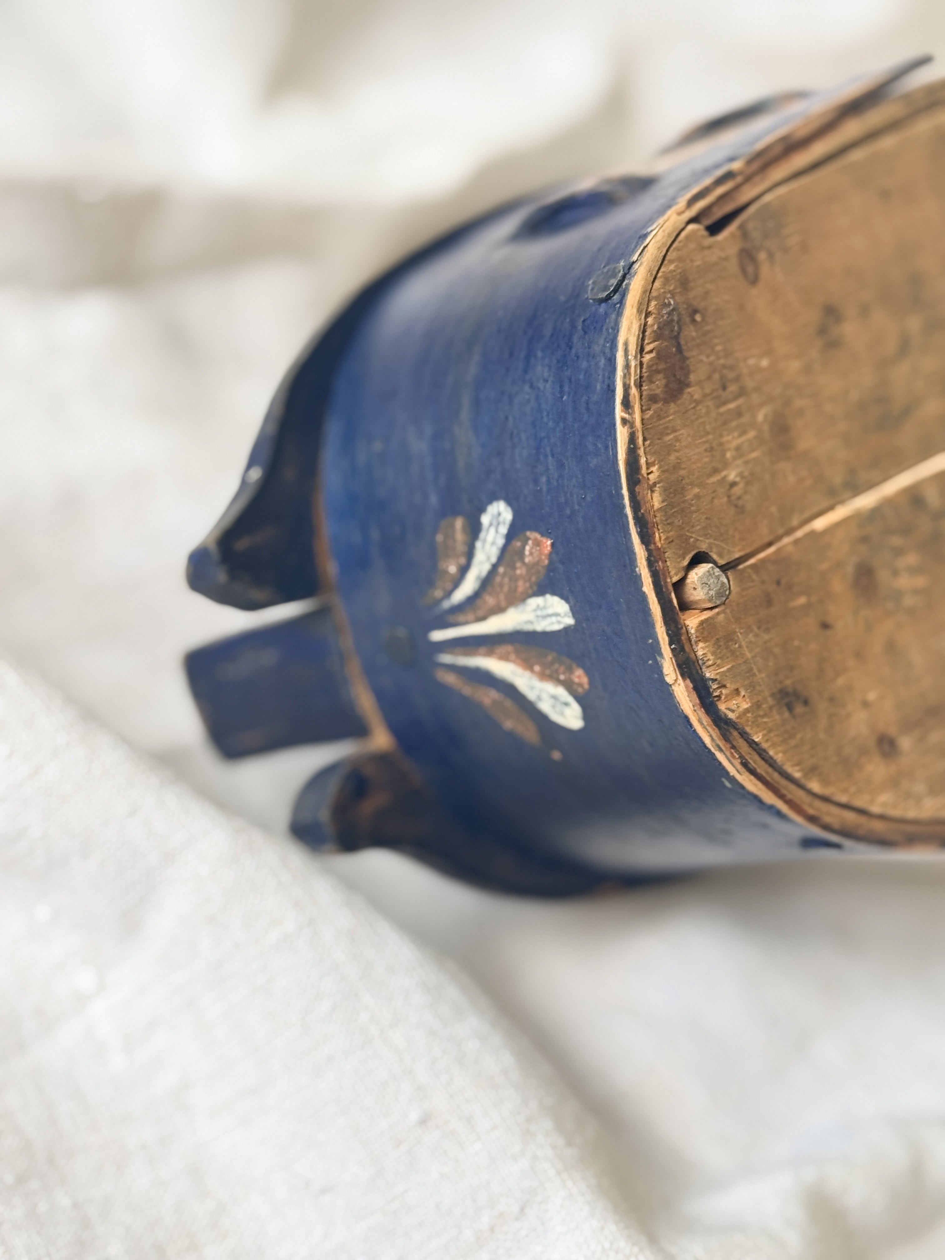 Antique Norwegian Tine (Bentwood Box), Blue Painted with Rosemaling, Dated 1902