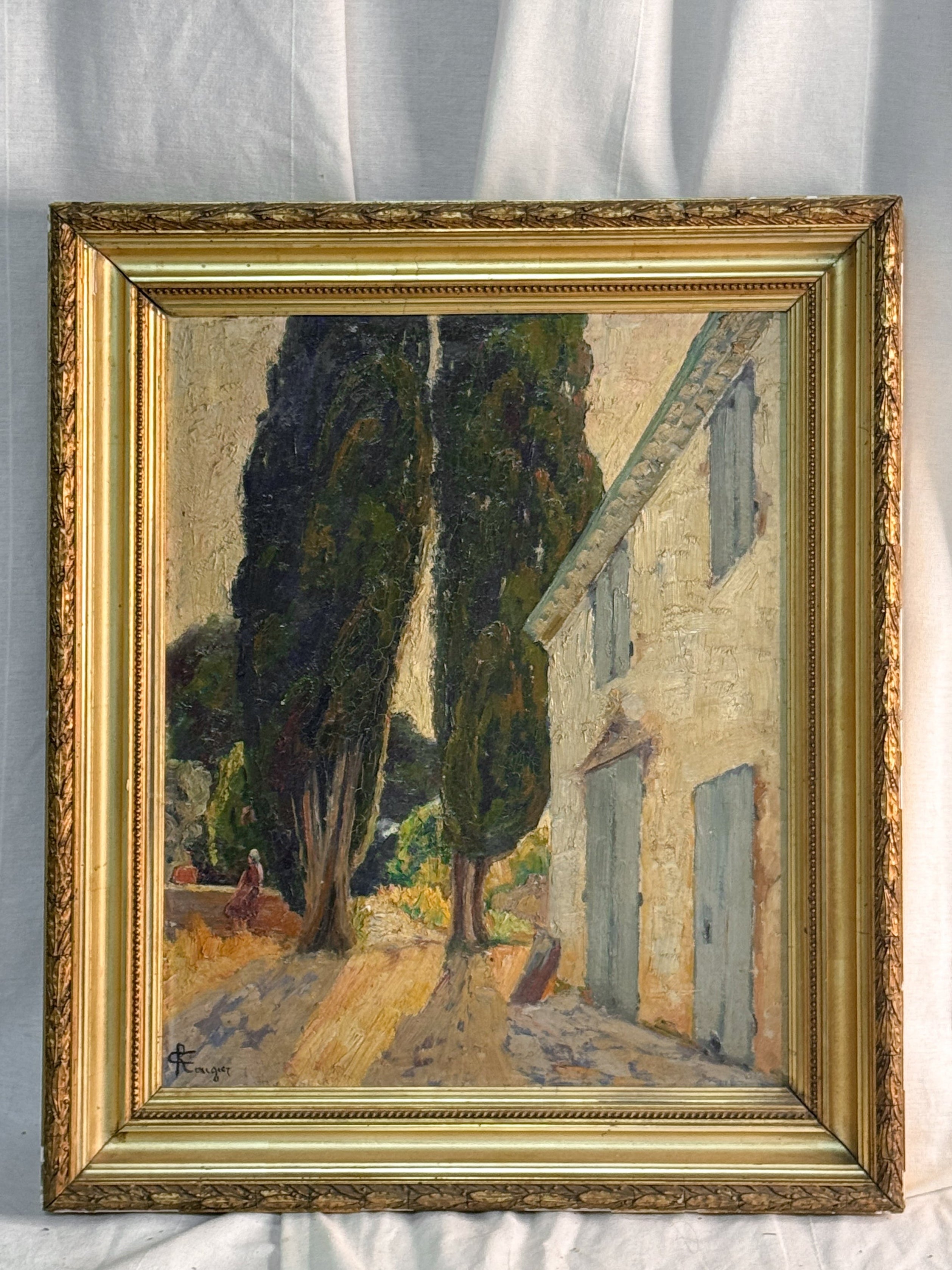 Antique French Landscape with Cypresses and a Bastide, Signed Cyrille Rougier, Framed Oil on Board