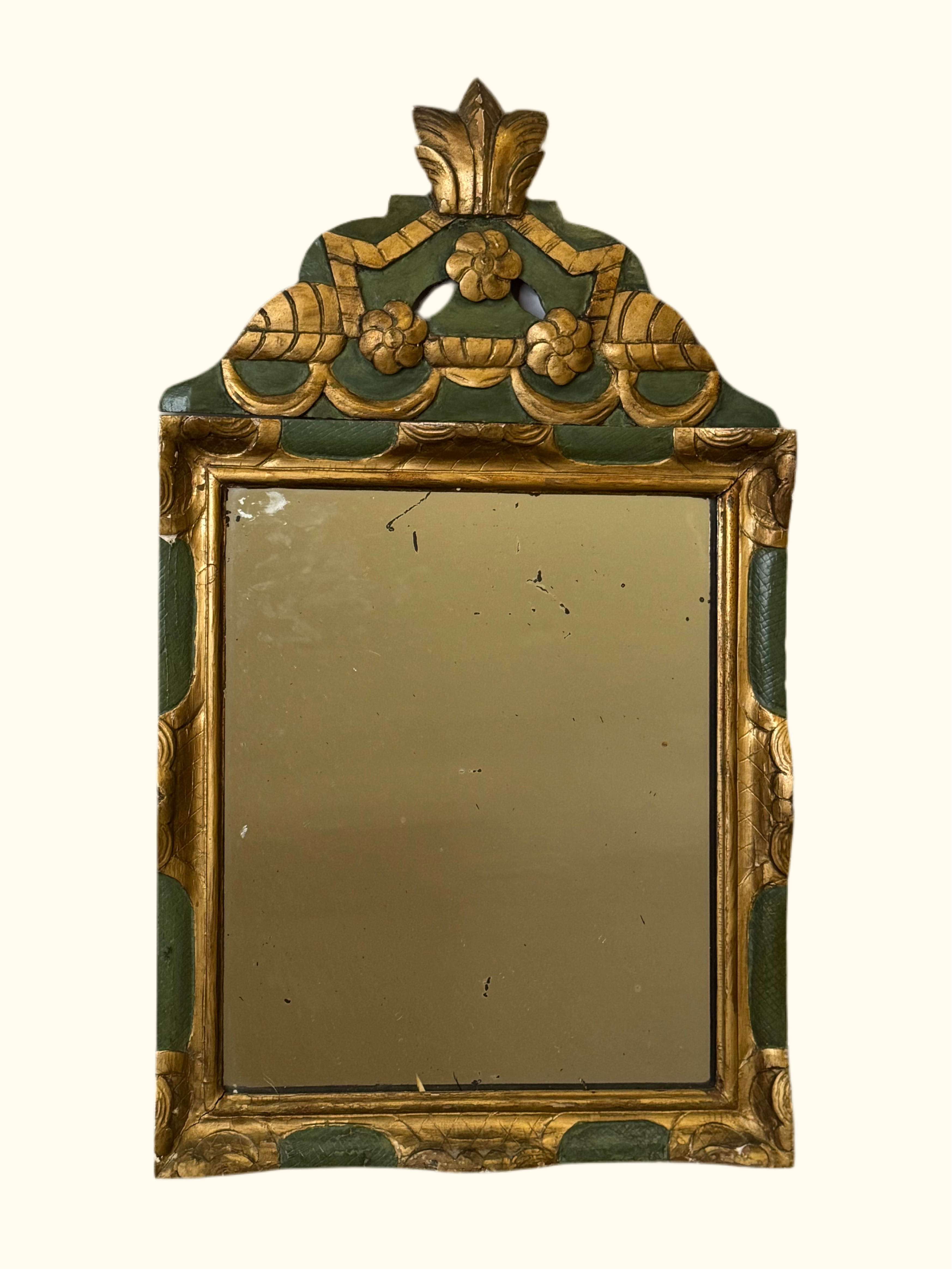 Antique Carved Green & Gilt Mirror with Bow Crest