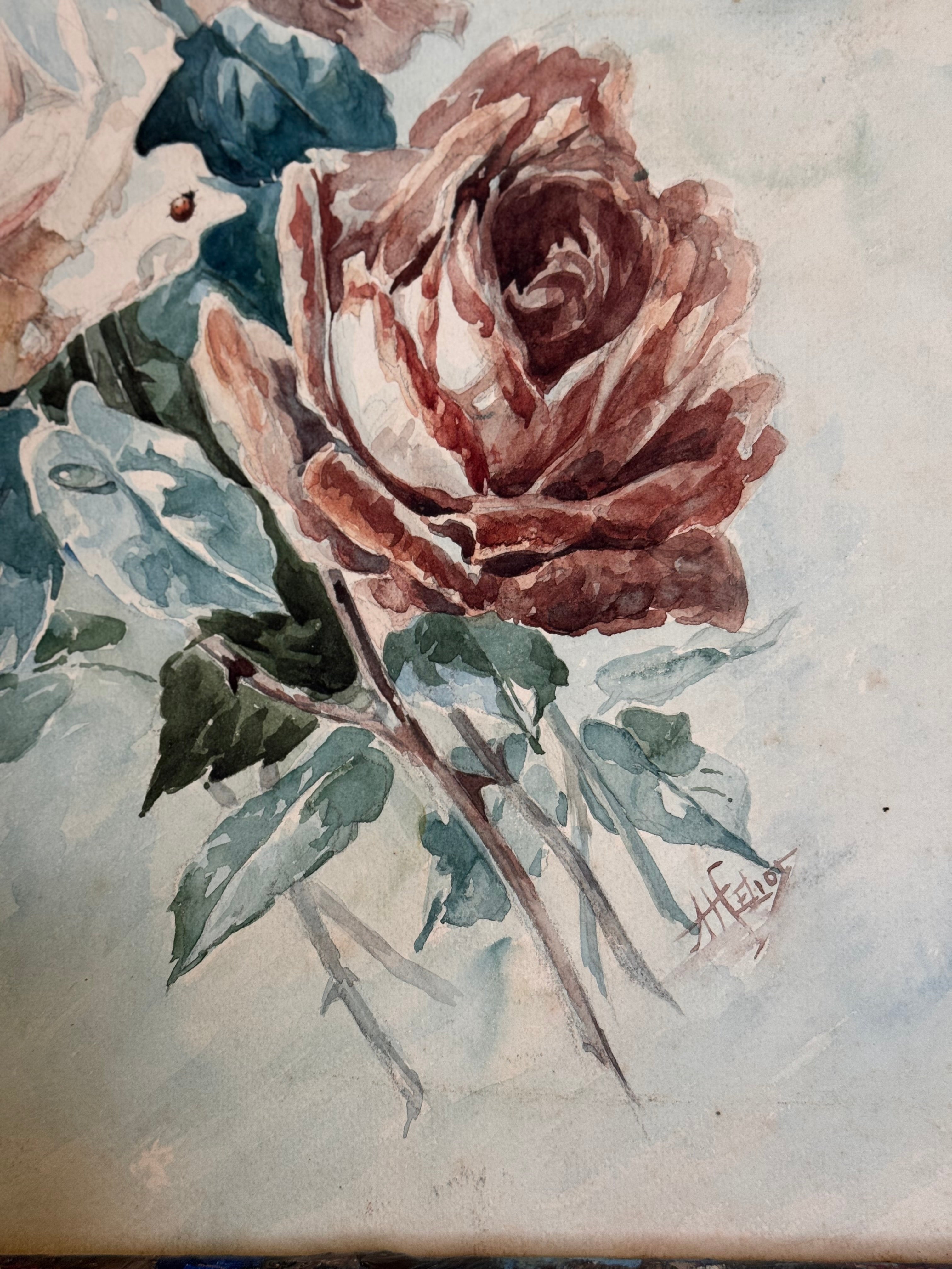 Aquarelle de Roses – Antique and Signed (c. 1890–1920)