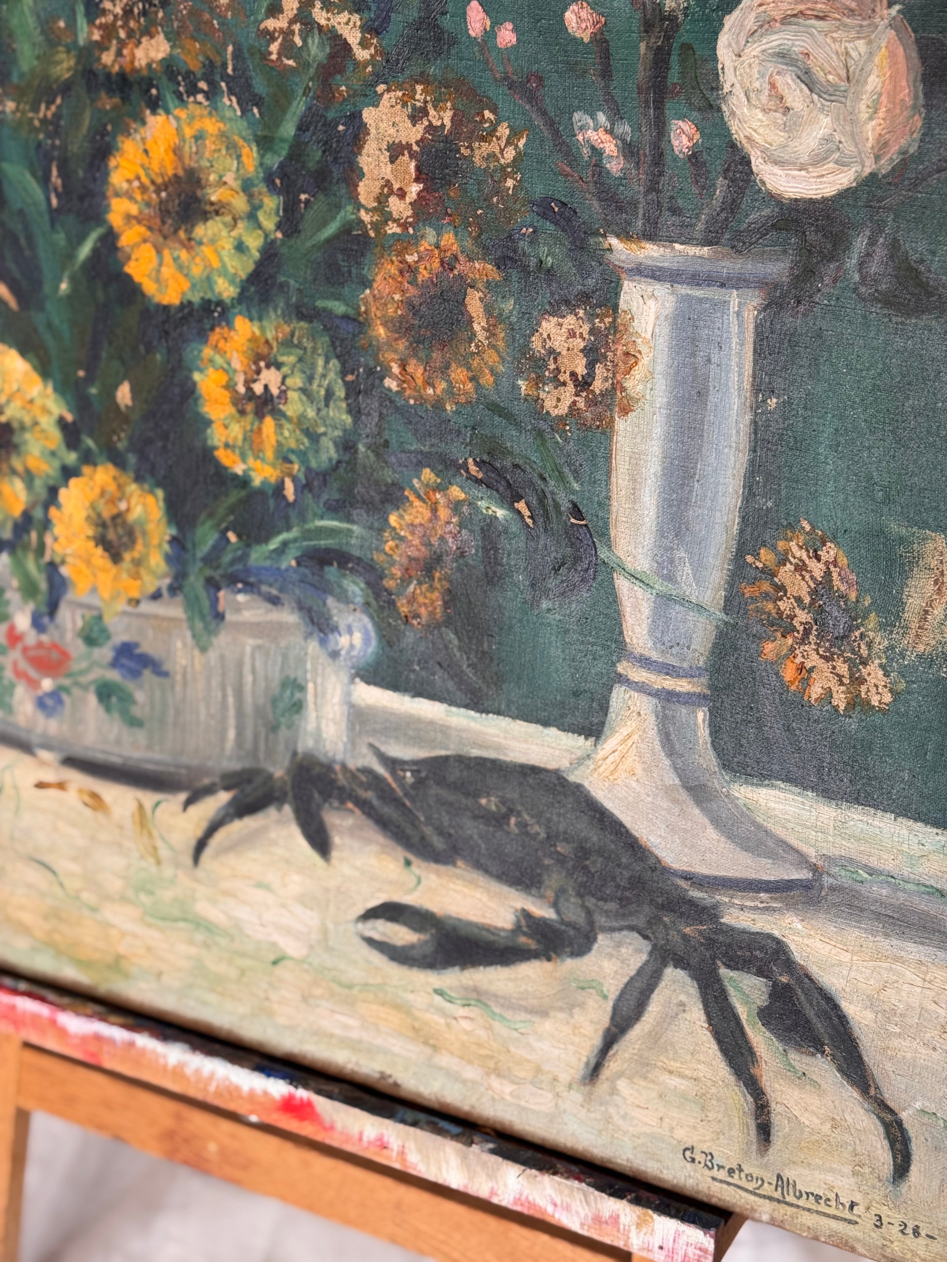 1928 Post-Impressionist Still Life with Flowers and Crab