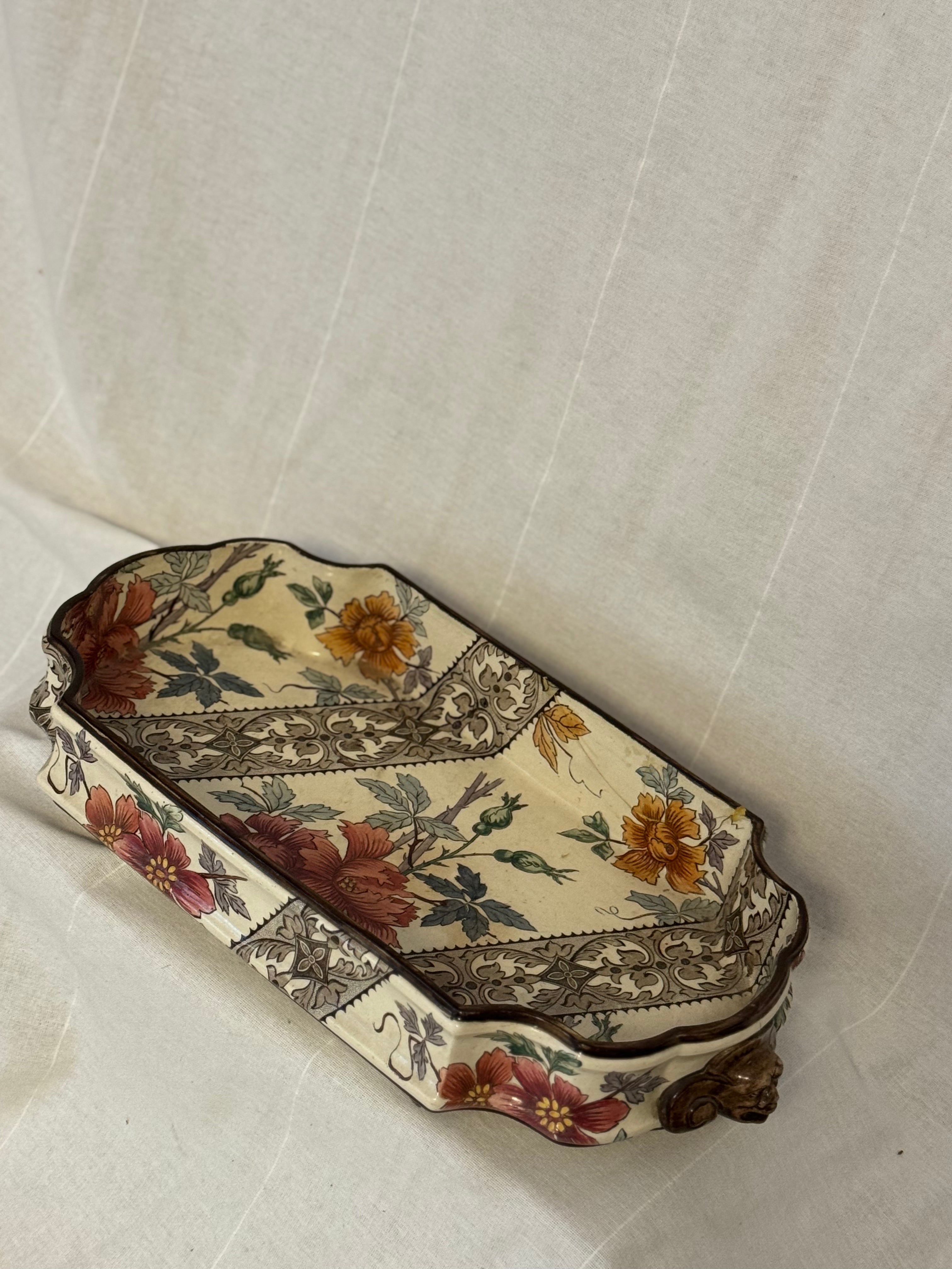 Rare Antique Gien Jardinière with Molded Ceramic Mounts