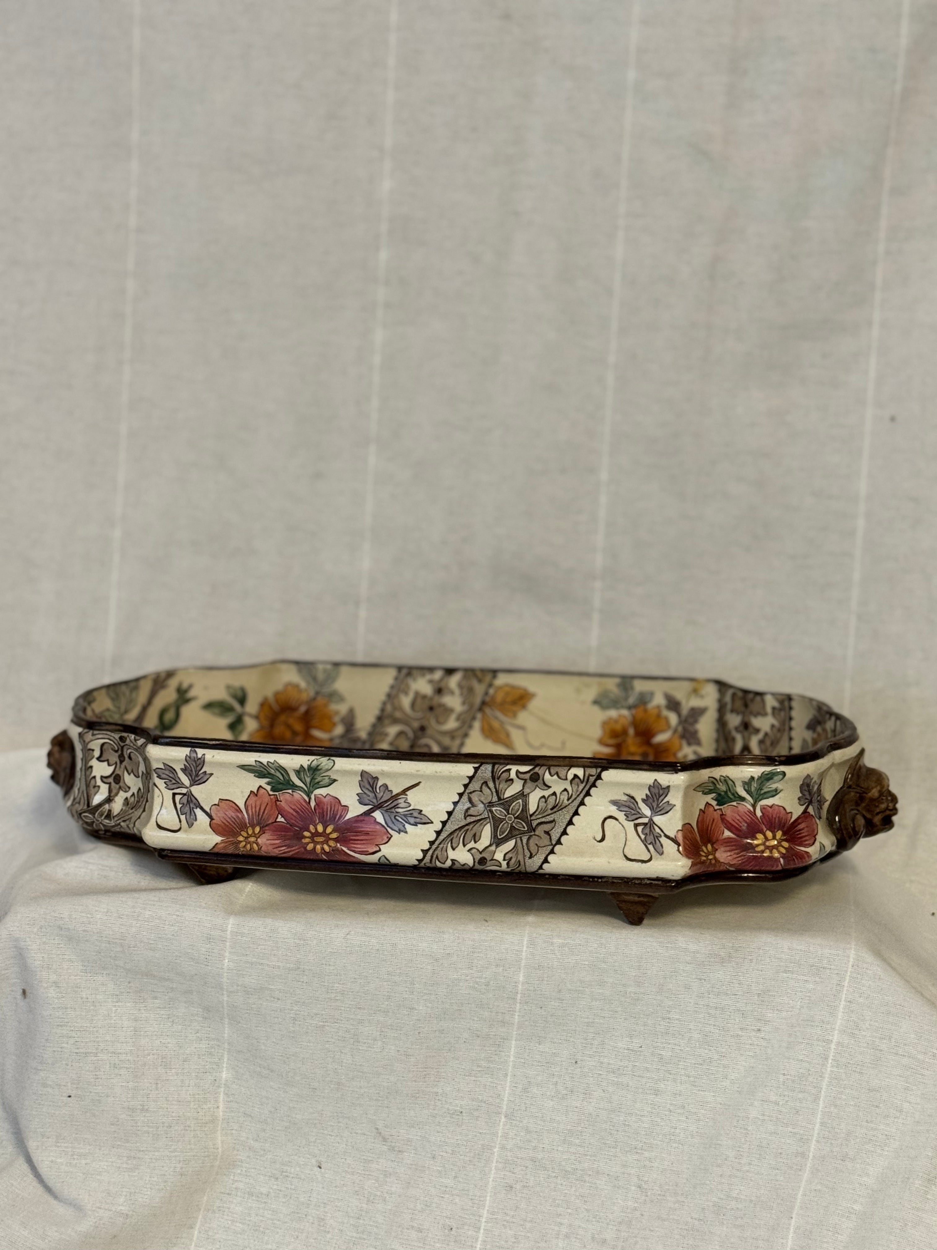 Rare Antique Gien Jardinière with Molded Ceramic Mounts