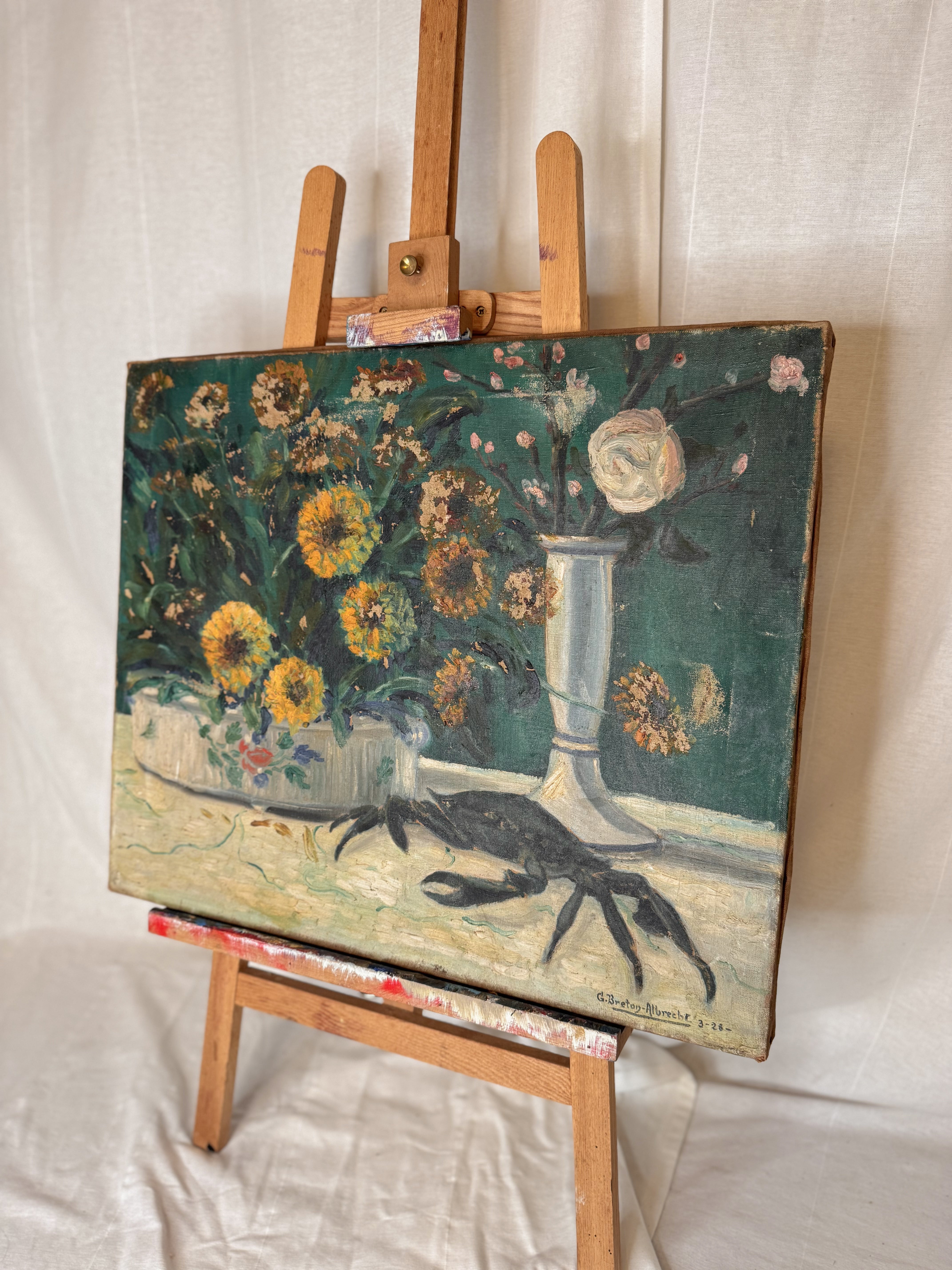 1928 Post-Impressionist Still Life with Flowers and Crab