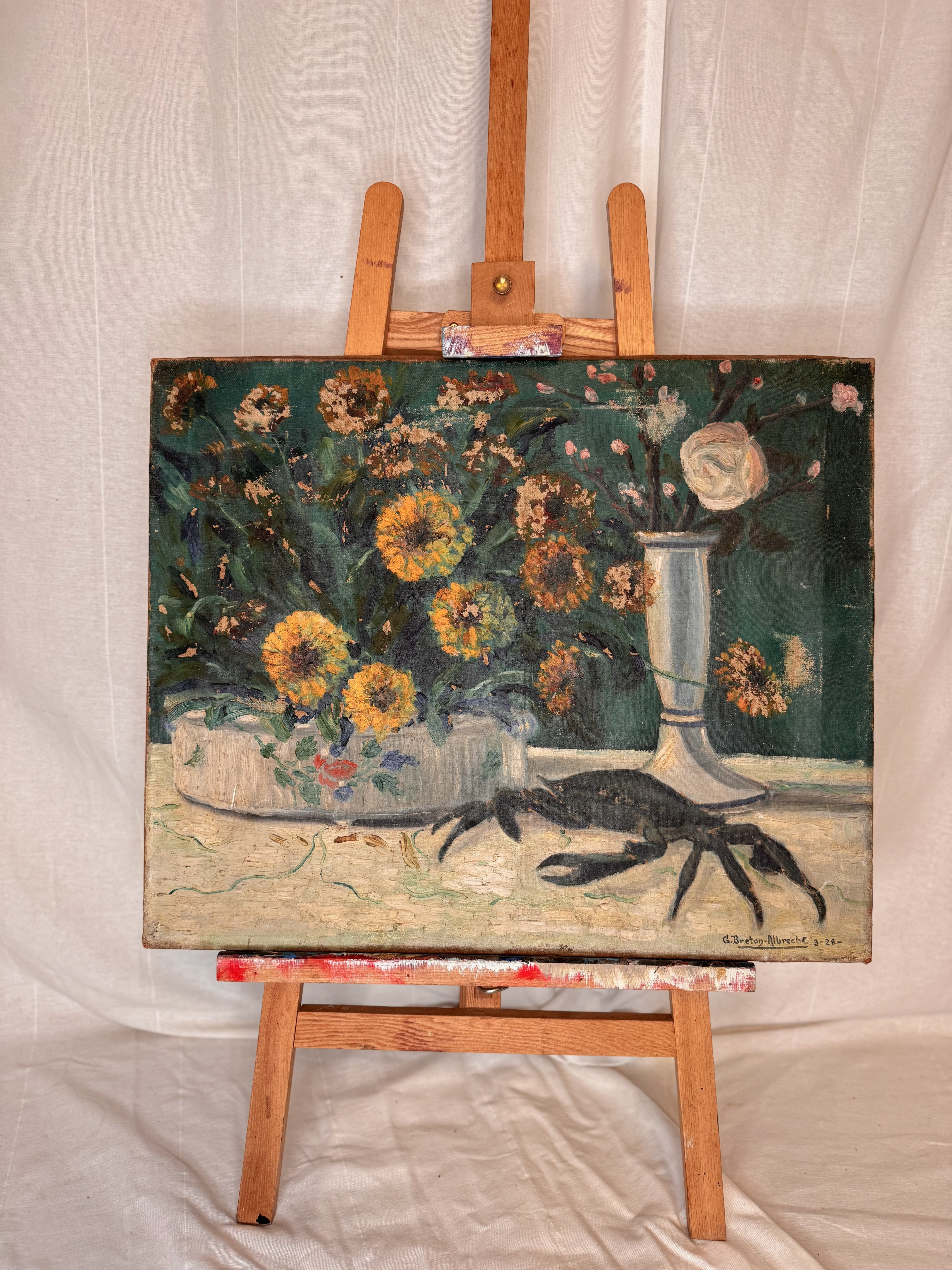 1928 Post-Impressionist Still Life with Flowers and Crab