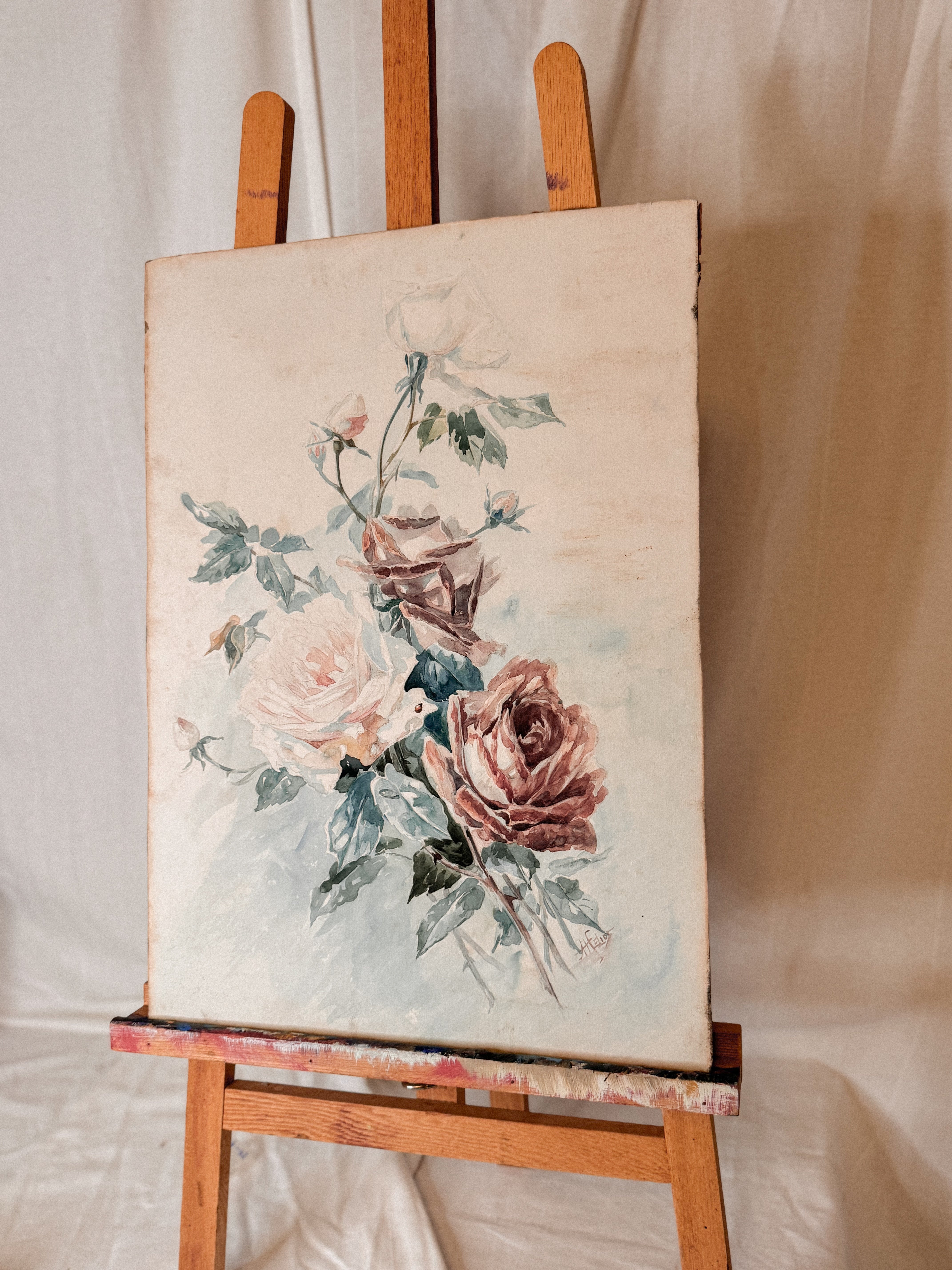 Aquarelle de Roses – Antique and Signed (c. 1890–1920)