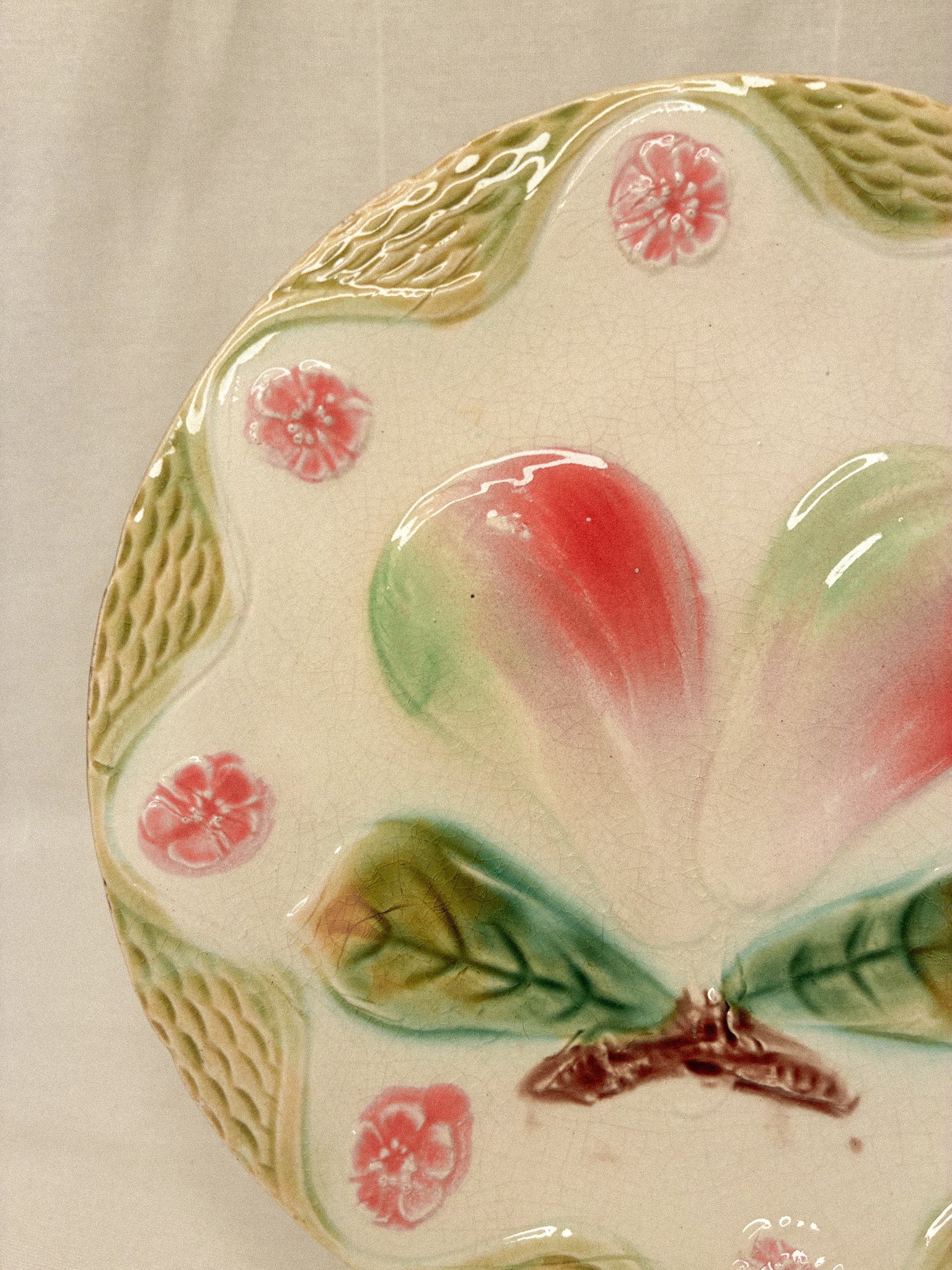 Antique Orchies Majolica Plate with Pears & Blossoms