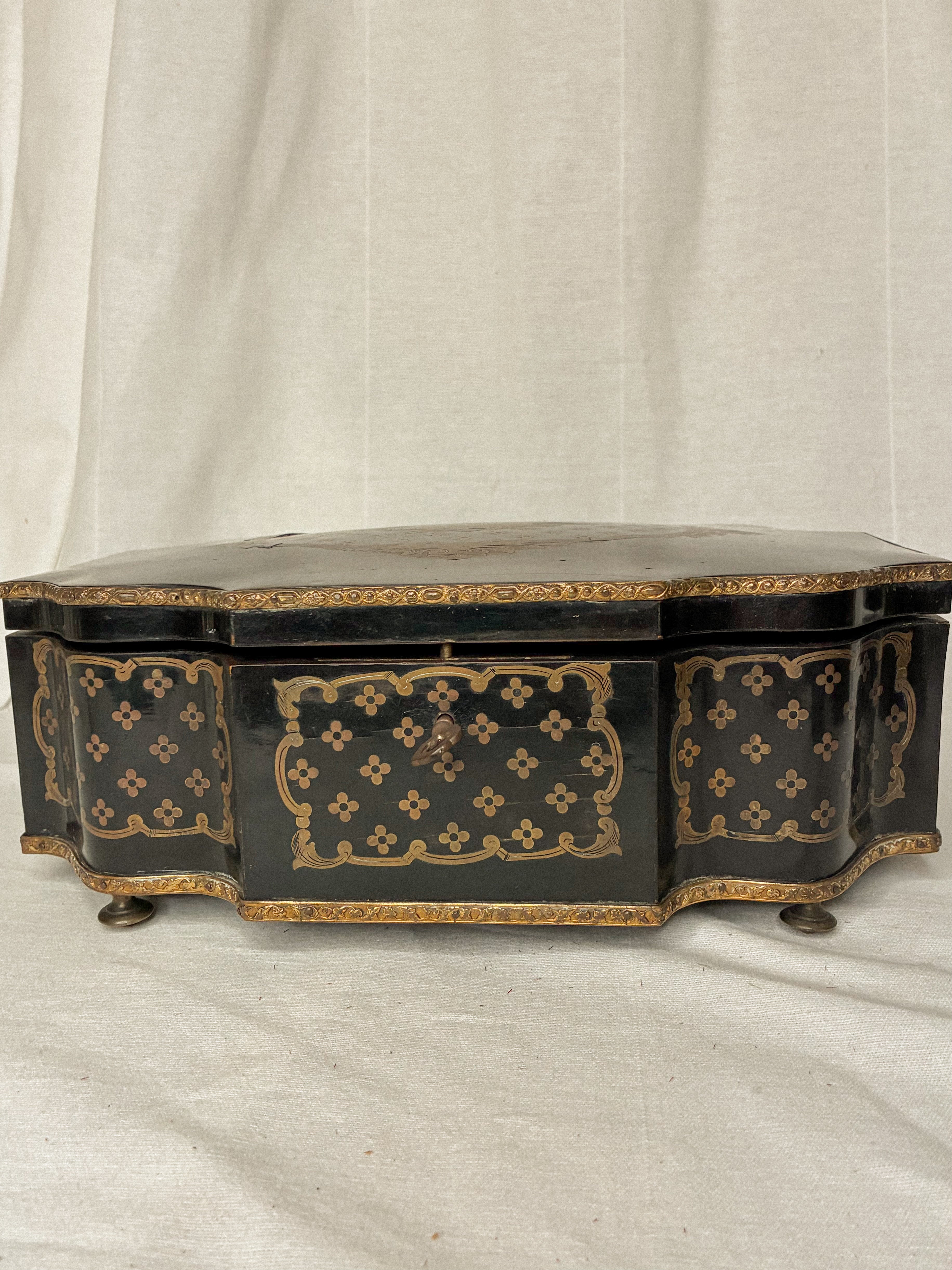 19th-Century French Marquetry Box with Brass Inlay and Ormolu Mounts