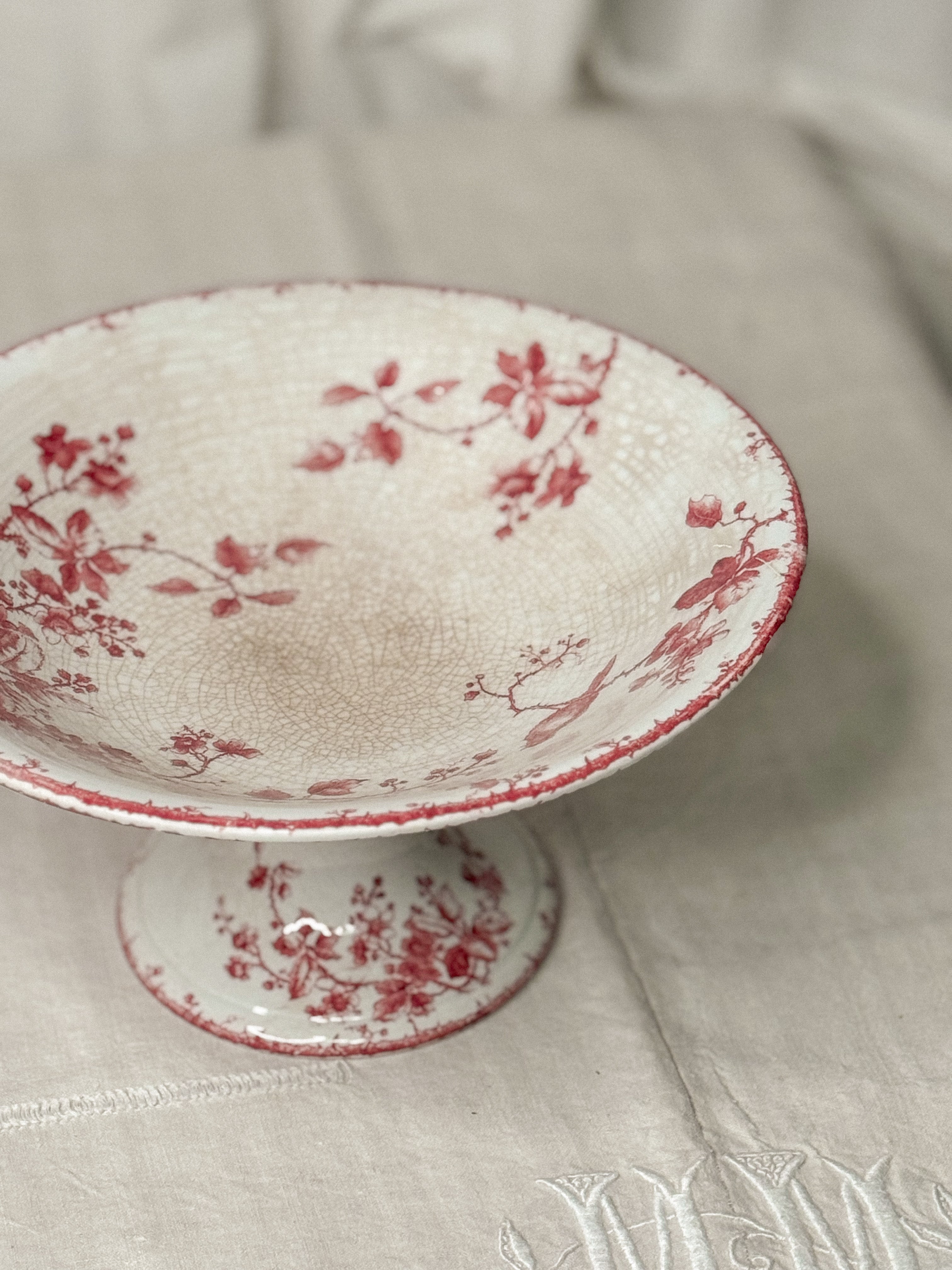 Antique French Red Transfer Bird & Floral Compotier