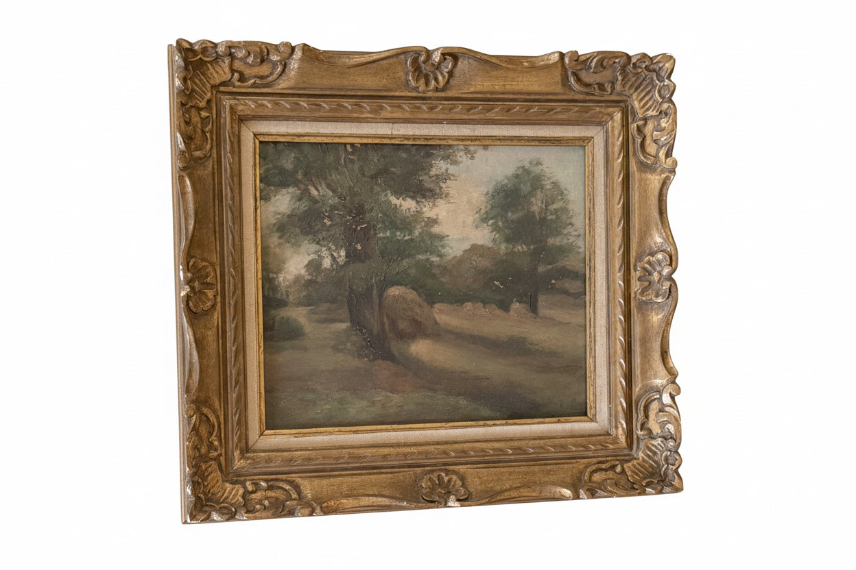 Antique Oil Landscape in the Barbizon Manner, Carved Giltwood Frame
