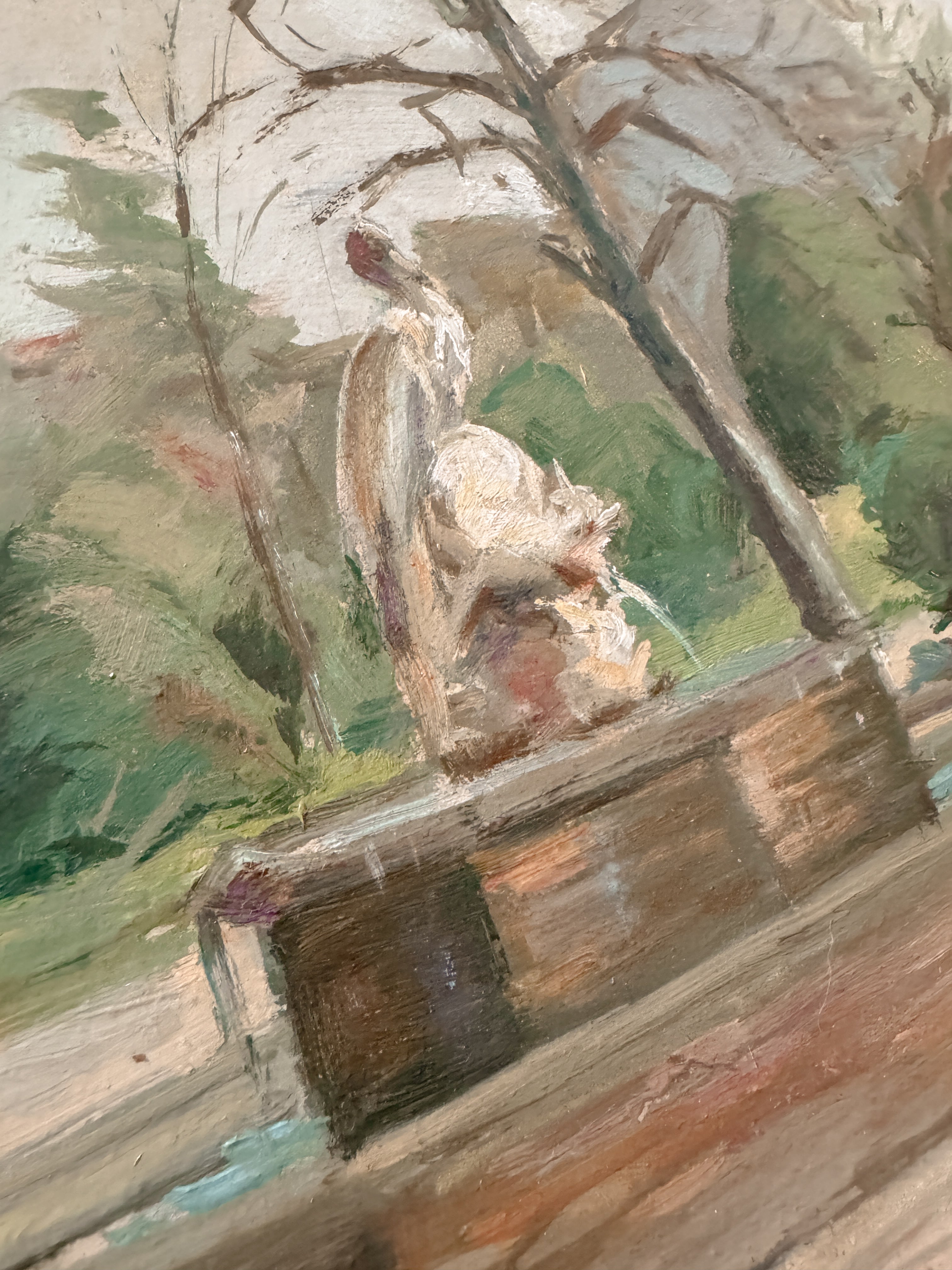 Mid-Century Oil, Park Scene with Fountain